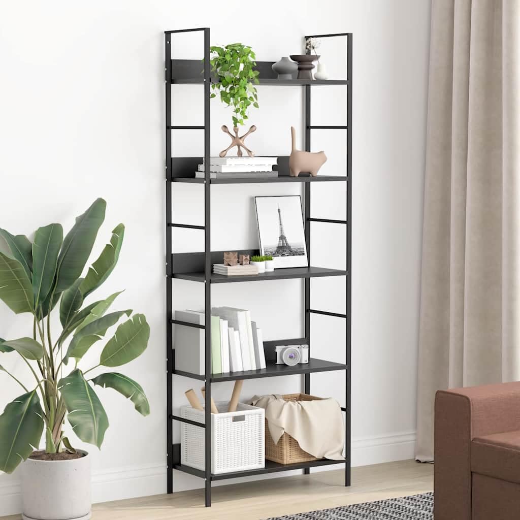 Libreria Scaffale 5 Ripiani Nero Legno Acciaio 60x27,6x158,5cm | Mobile espositore autoportante salvaspazio per soggiorno e veranda con struttura industriale e portata totale di 75 kg.