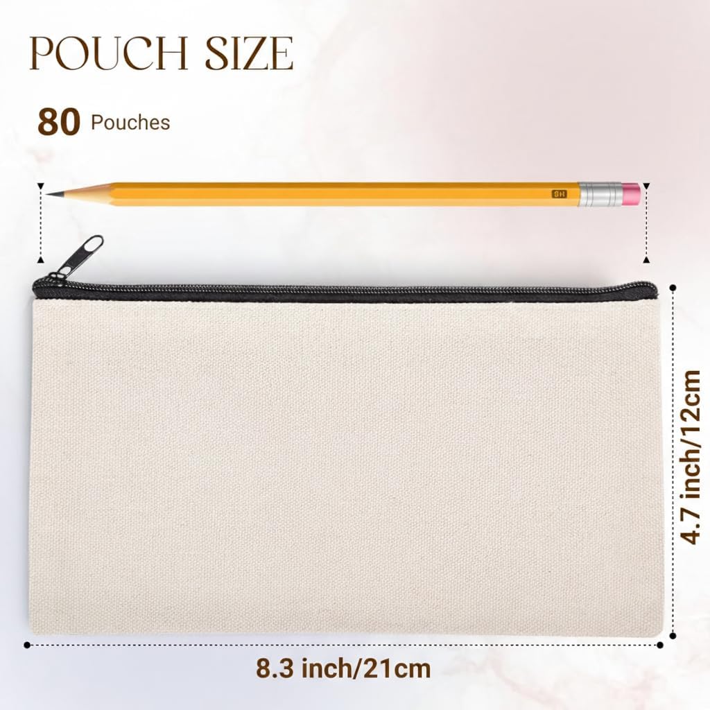 80 PCs Blank canvas Zipper Pouch, Makeup Bags Bulk Pencil Pouch with Sturdy Zipper–Multi-Purpose DIY Crafts Toiletry Canvas Bags Case for Sublimation, Stationery & Cosmetic Storage (8.3x4.7)