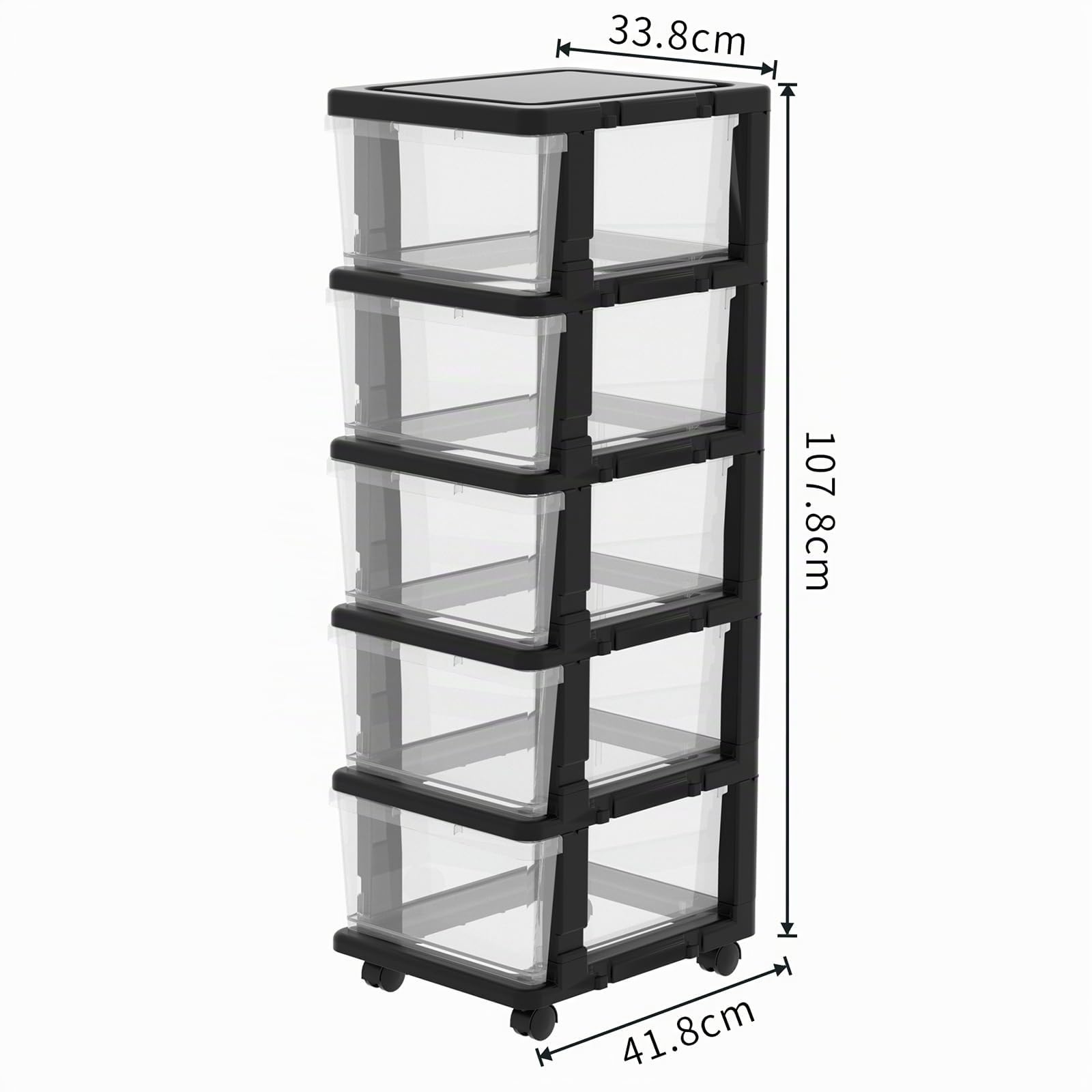 Cetomo Schubladenbox, Schubladenschrank, Aufbewahrungsturm mit Rollen, Kunststoff Schubladencontainer, Rollcontainer für Büro, Schlafzimmer, Wohnheim, Über DIN A4, Schwarz & Transparent - 5 Schubladen