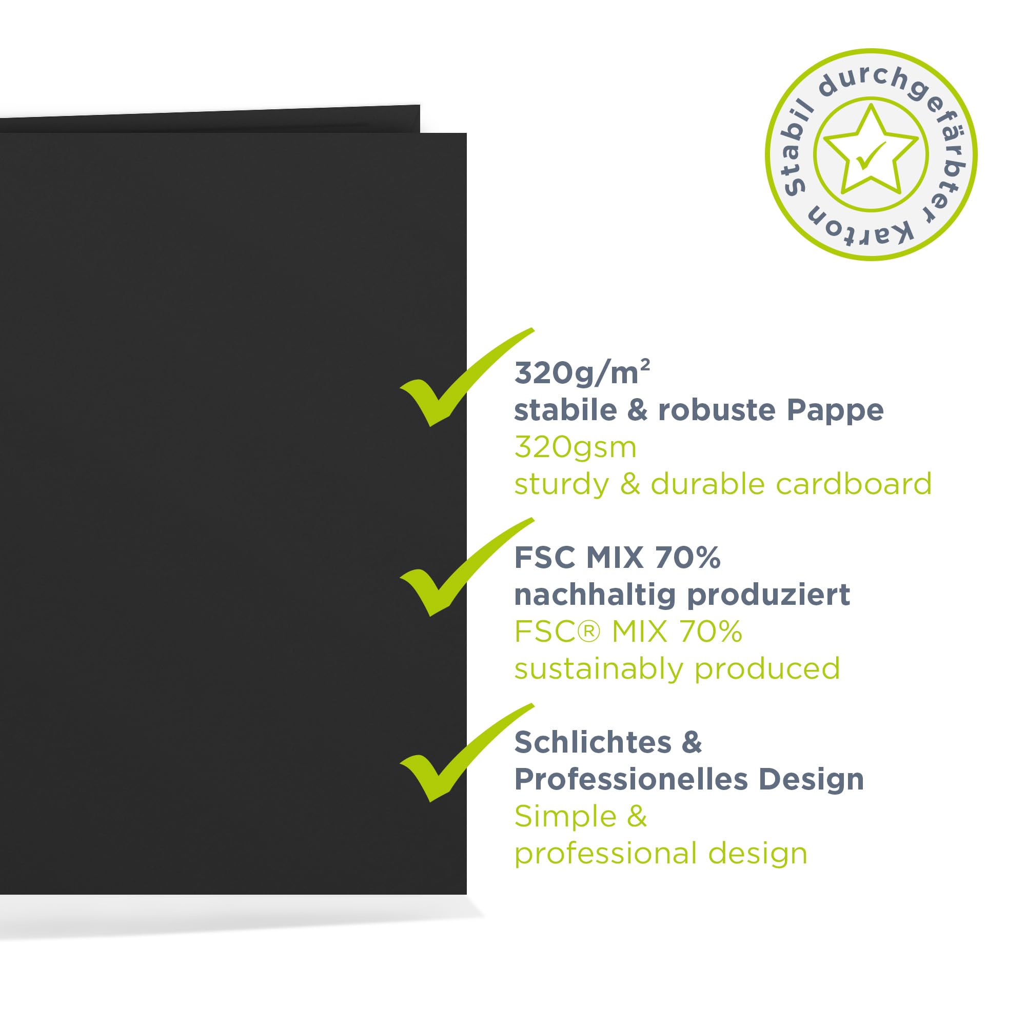 12 x Urkundenmappe für A4 schwarz, FSC® MIX 70%, hochwertige, stabile Dokumentenmappe 320g/m² Karton, Made in Germany, Kondolenzmappe, Zeugnisse, Zertifikate, Auszeichnungen, vom Hersteller Werbegrün