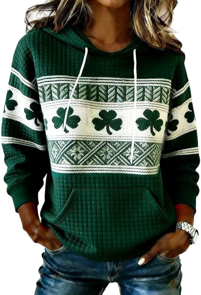 Women’s St. Patrick’s Day Irish Hoodie Shamrock Clover Graphic Cozy Long Sleeve Pullover
