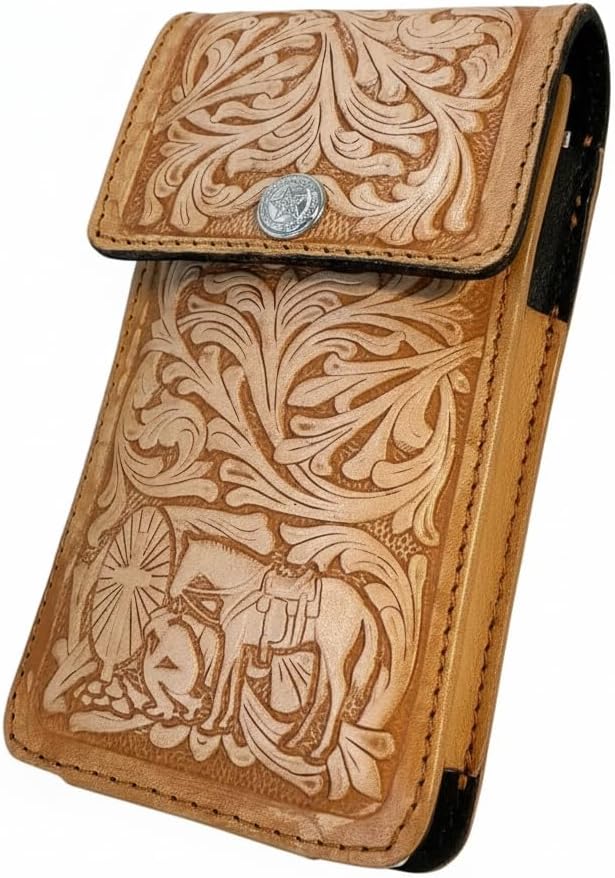 Western Leather Phone Holster – Made in Mexico – Floral Tooled Design with Embossed Cowboy Praying at Cross – Fits iPhone & Samsung – Belt Loop Holder
