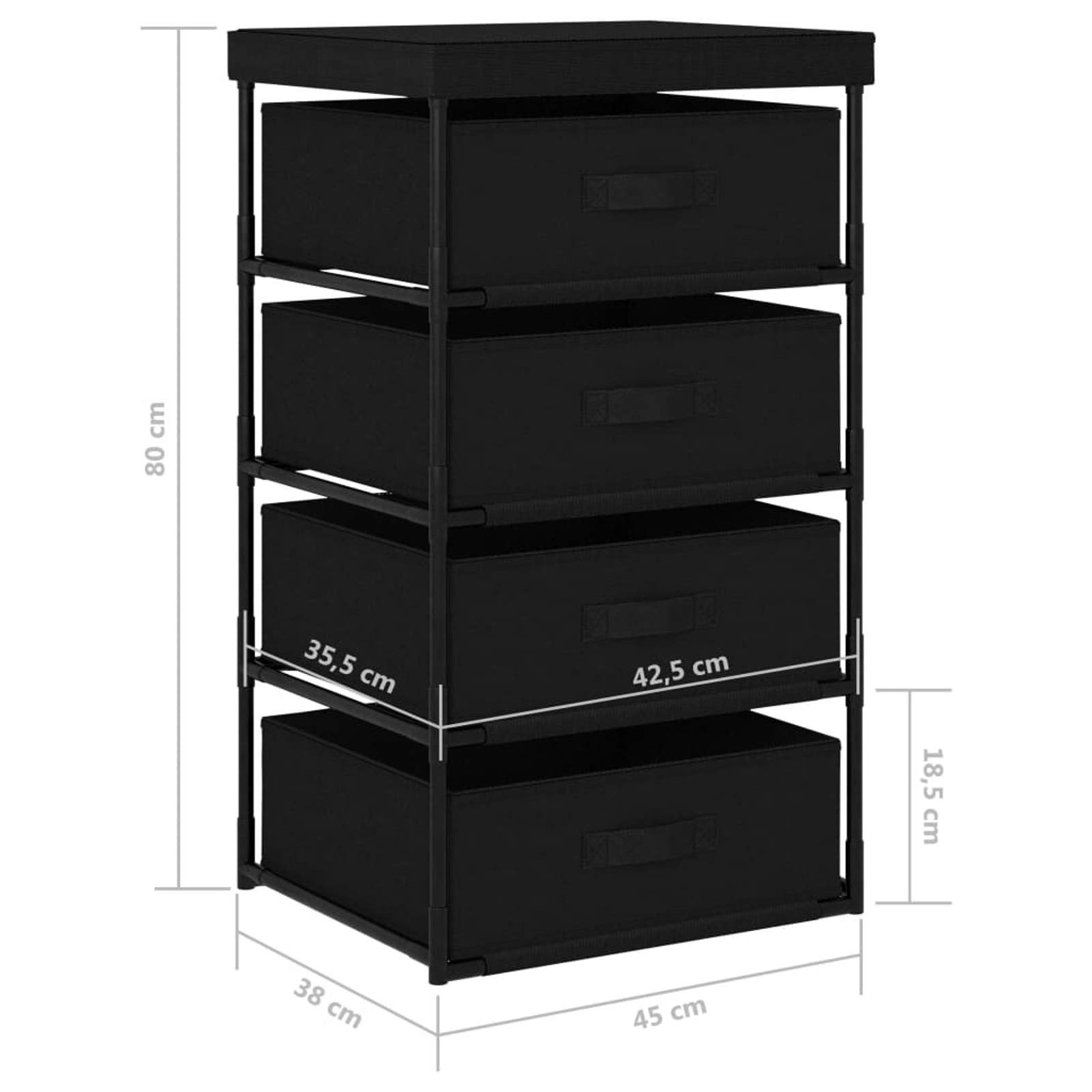 Armadietto con 4 Cestini in Tessuto Nero,Cassettiera,Mobiletto da Camera da Letto o Soggiorno,Mobile Moderno