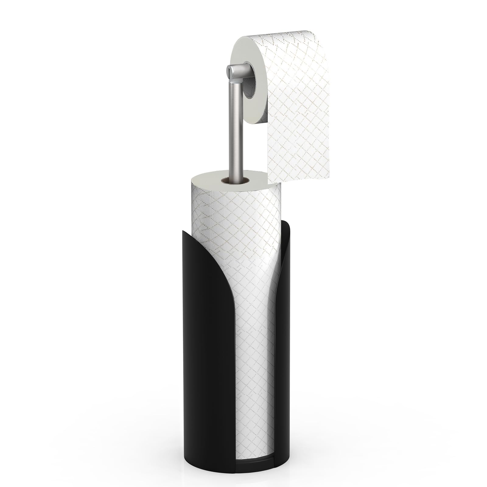 Toilet Roll Holder Free Standing,Black Rustproof Toilet Paper Stand for 5 Rolls with Protective Splash Guard Sturdy Flip Arm, Anti-Slip Weighted Base