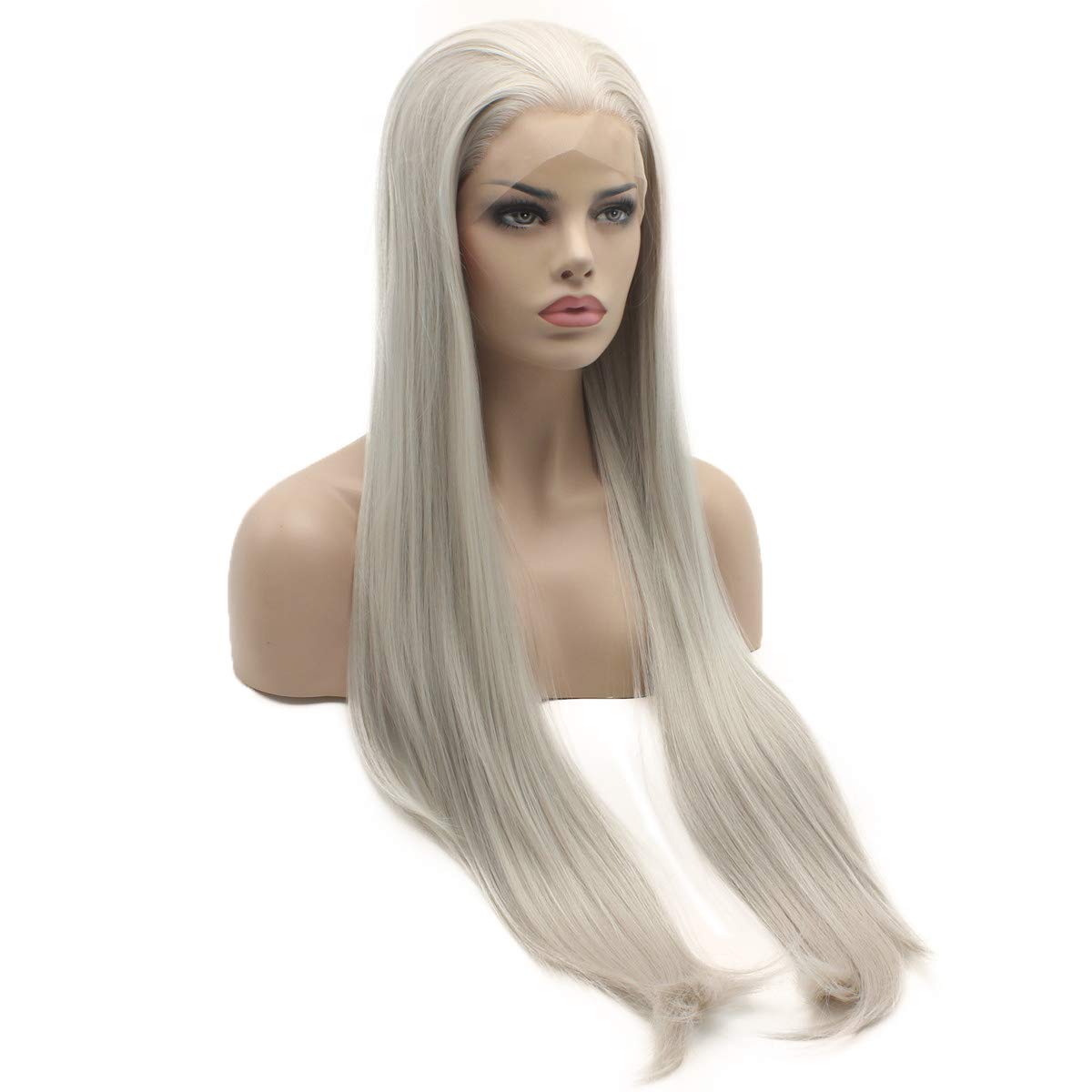 Lushy Hair Synthetic Lace Front Wig Straight Extra Long 28 inch Gray Wig Heat Resistant Heavy Density Realistic Wig