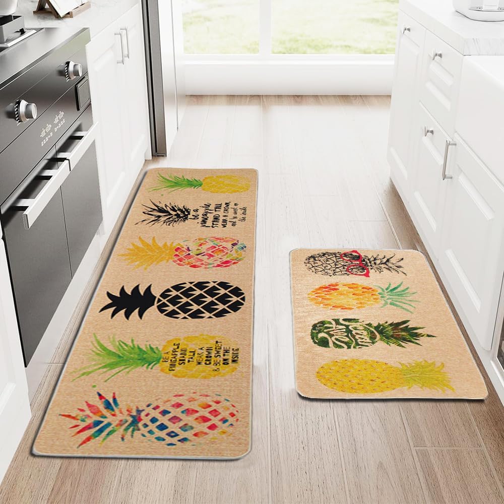 Natural Rubber 2 Pieces Sets Non-Slip Washable Kitchen Rug and Mat 18''x29''+18''x59'' Pineapple Comfortable Durably Laundry Room Area Rugs Floor Mat for Home Kitchen