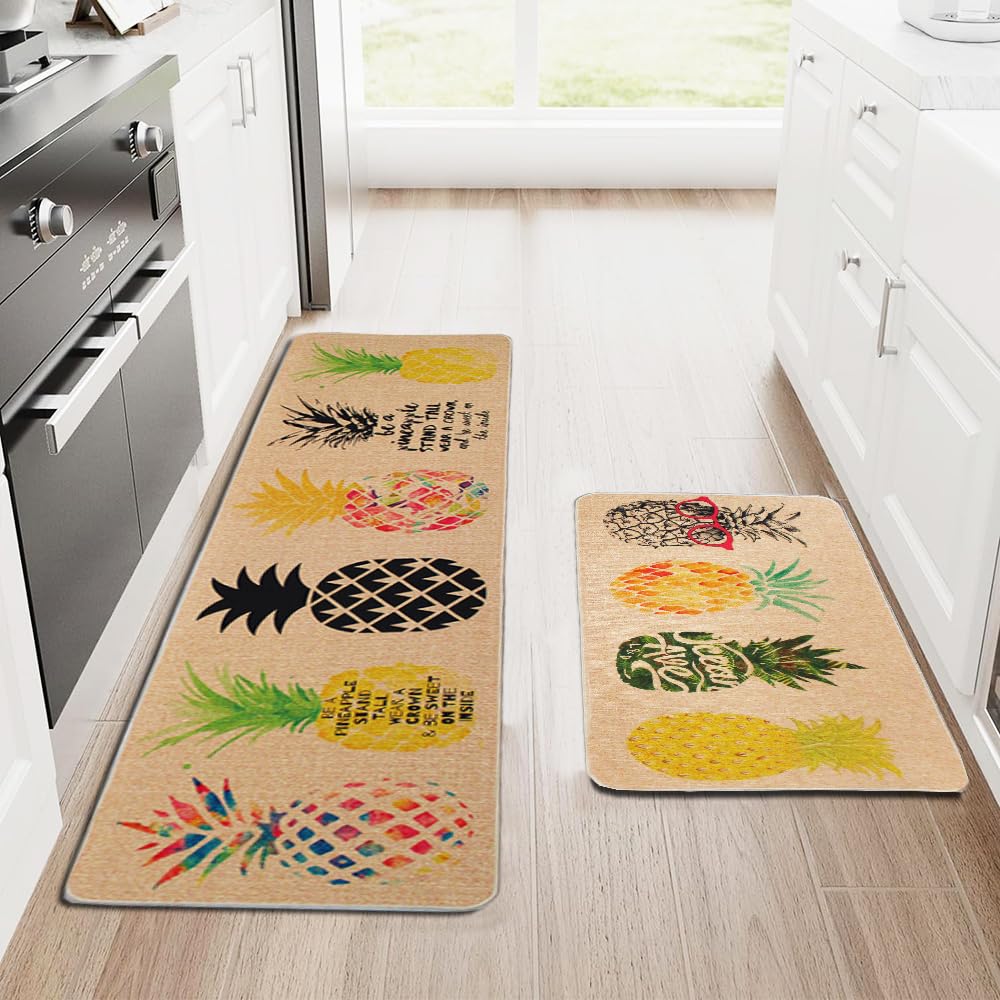 Wolala Home Natural Rubber 2 Pieces Sets Non-Slip Washable Kitchen Rug and Mat 18''x29''+18''x59'' Pineapple Comfortable Durably Laundry Room Area