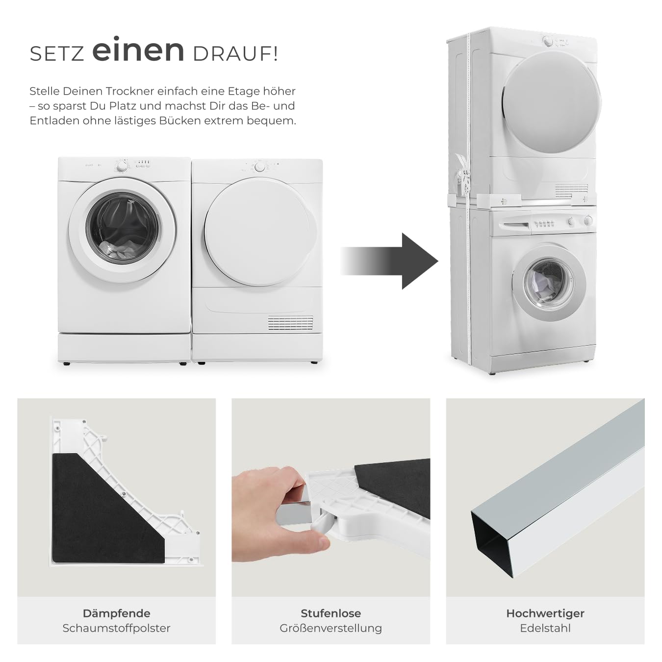 tectake® Verbindungsrahmen für Waschturm aus Waschmaschine und Trockner, 46–66 cm, Universal-Stapelbausatz mit Ratschenseil, Waschmaschine Trockner Verbindung, Zwischenbaurahmen Trockner Waschmaschine