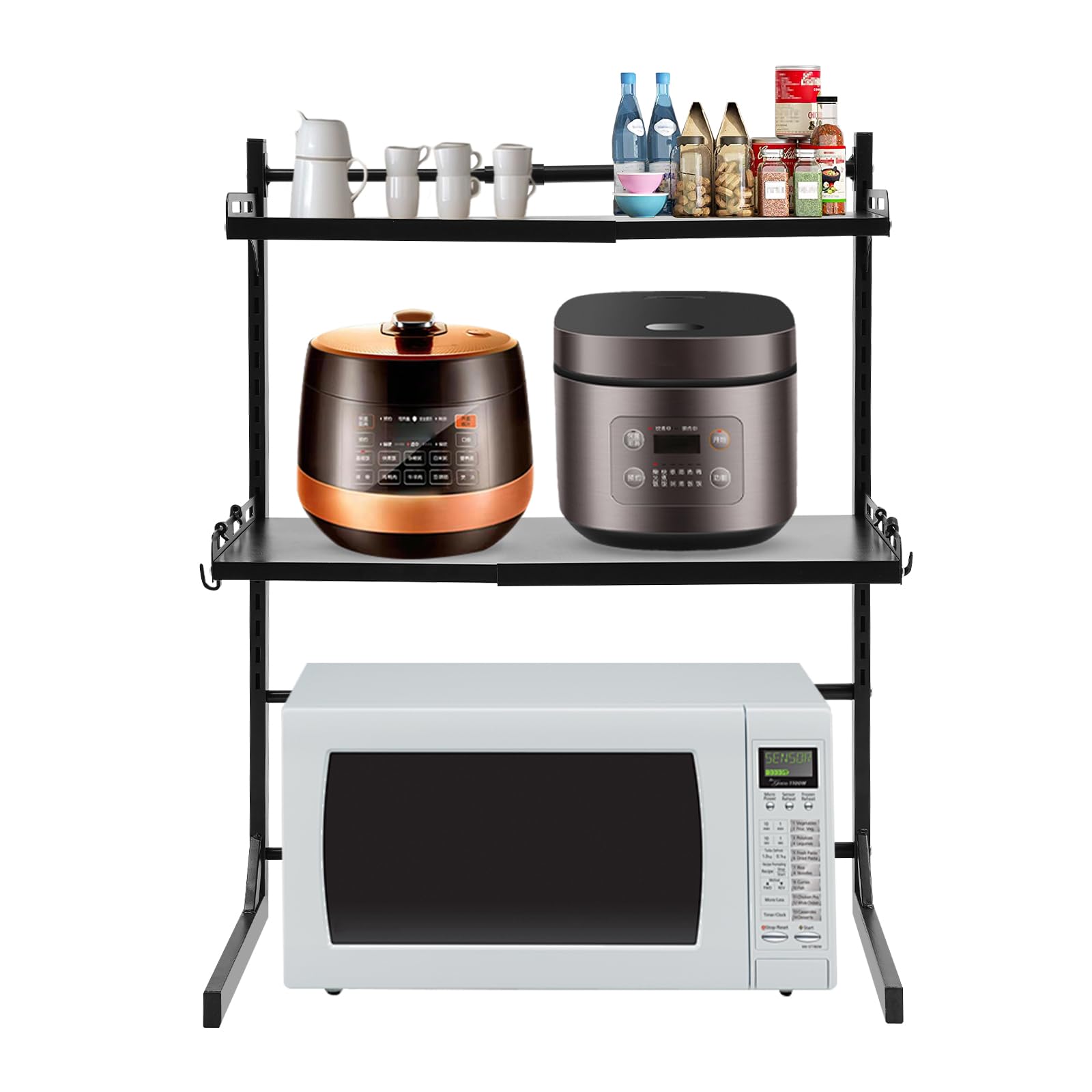 Estantería de microondas de 3 niveles, extensible y regulable en altura con ganchos, soporte para microondas, capacidad de 15 kg, estante plano de trabajo para microondas, 39-62 x 33 x 74