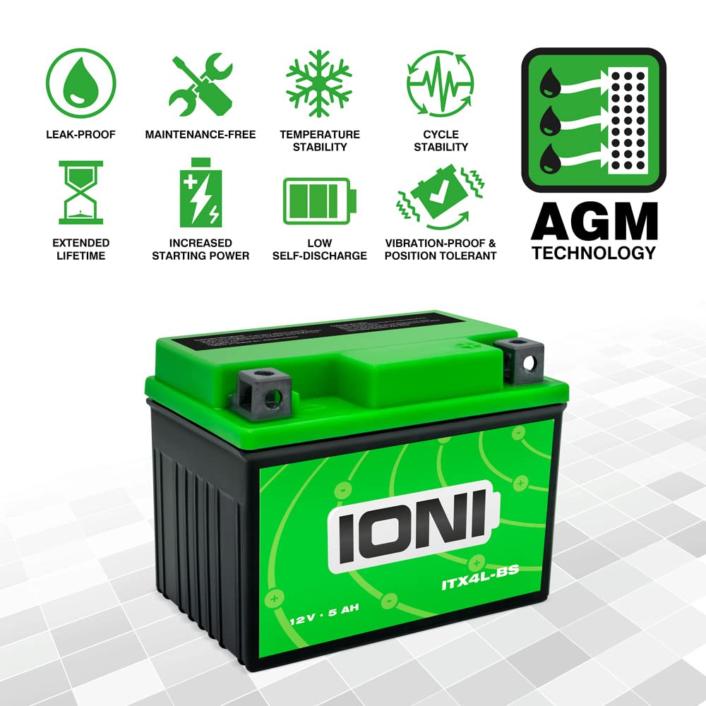 IONI ITX4L-BS / SLA4L-BS 12V 5Ah AGM Batterie kompatibel mit YB4L-B / YTX4L-BS versiegelt/wartungsfrei Rollerbatterie passend für 99% Aller Motorroller