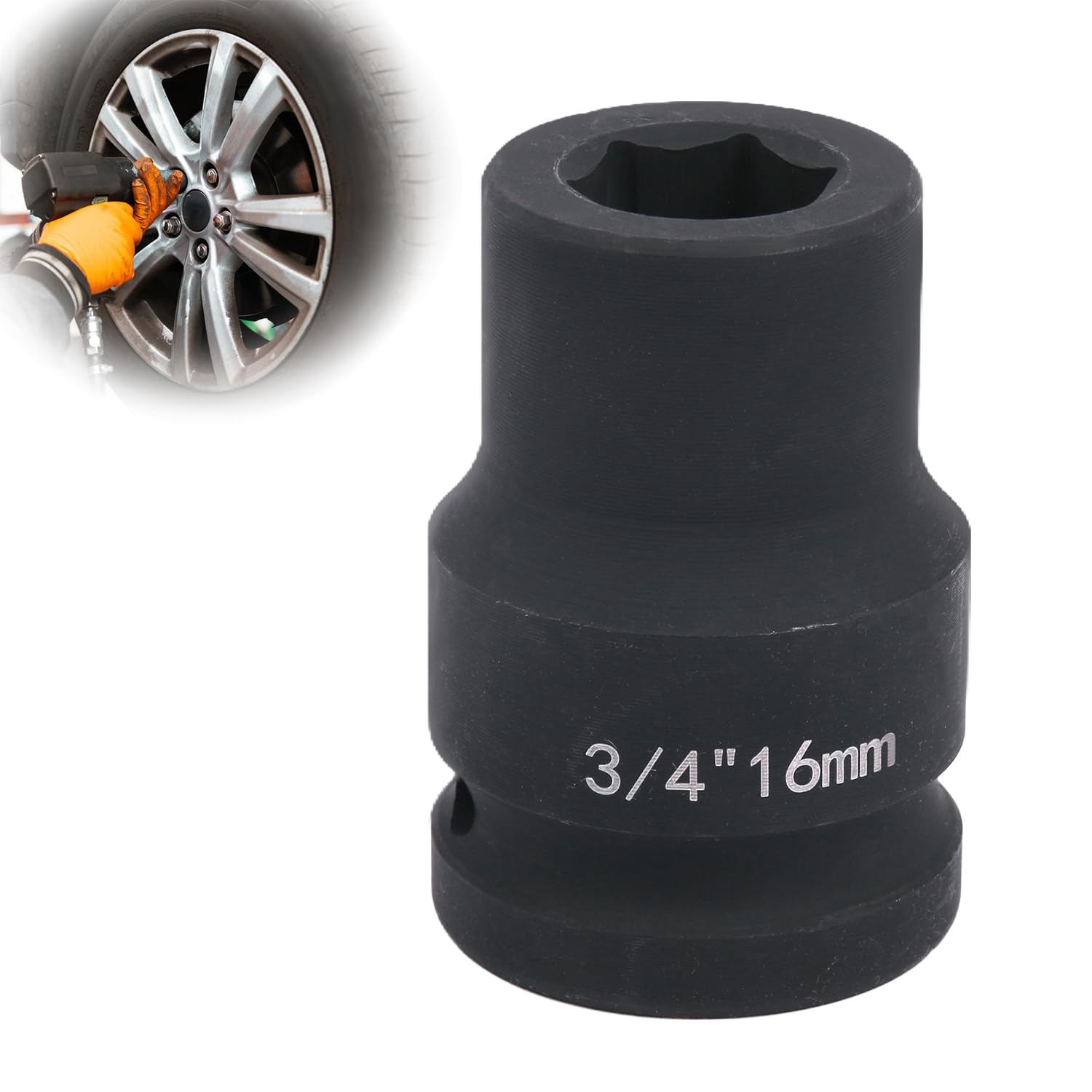 Deep 6-Point Impact Socket 3/4" Drive 16mm,Chrome Molybdenum Steel, Anti-Rust Metric Hex Socket for Car Repairs and Impact Wrench