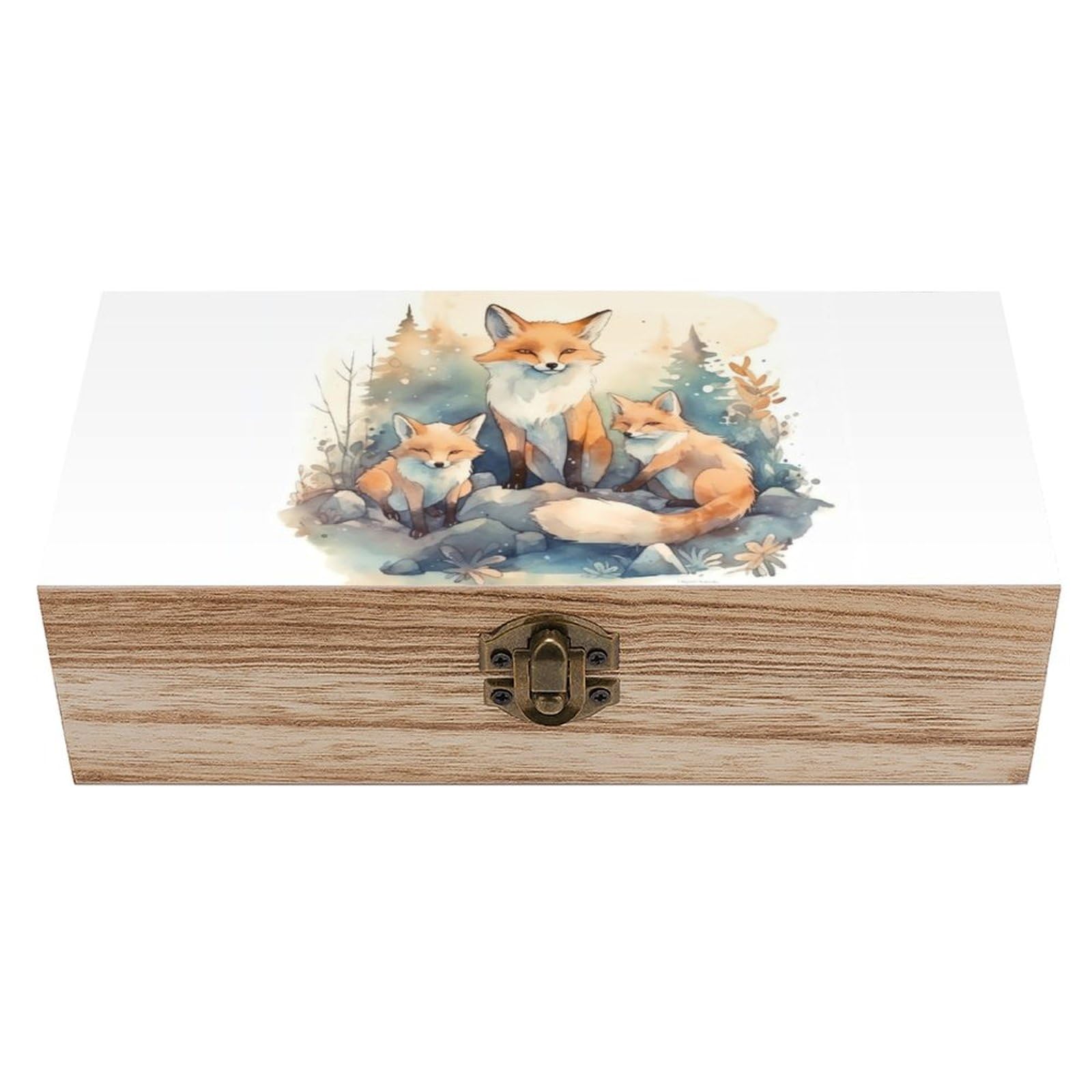 JTREHY Wooden Storage Box Container,Watercolor Foxprinted Desk Storage Box Room Decoration Box Souvenir Storage Box for Jewelry Gift Storage And Home Decoration