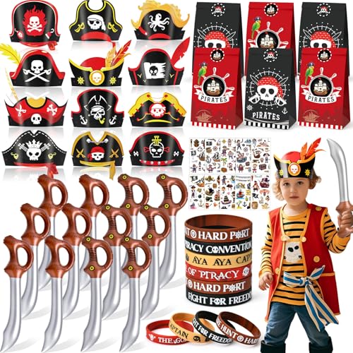 SNLN Pirate Party Favors Birthday Supplies, Pirate Swords Hats Goodie Bags Silicone Bracelet Tattoo Stickers, Pirate Accessories Classroom Rewards for Kids, Pirate Themed Birthday Party Decorations