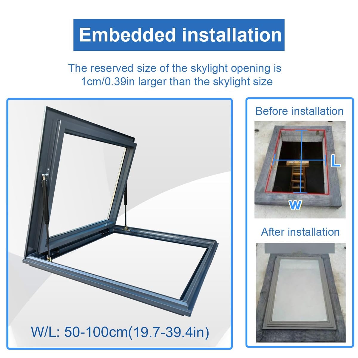 Claraboya para techo de casa, Ventana de Techo con iluminación de pozo con marco de aleación de aluminio y soporte hidráulico silencioso, para sótano, ático o cobertizo, personalizable(80x100cm/31.5x3
