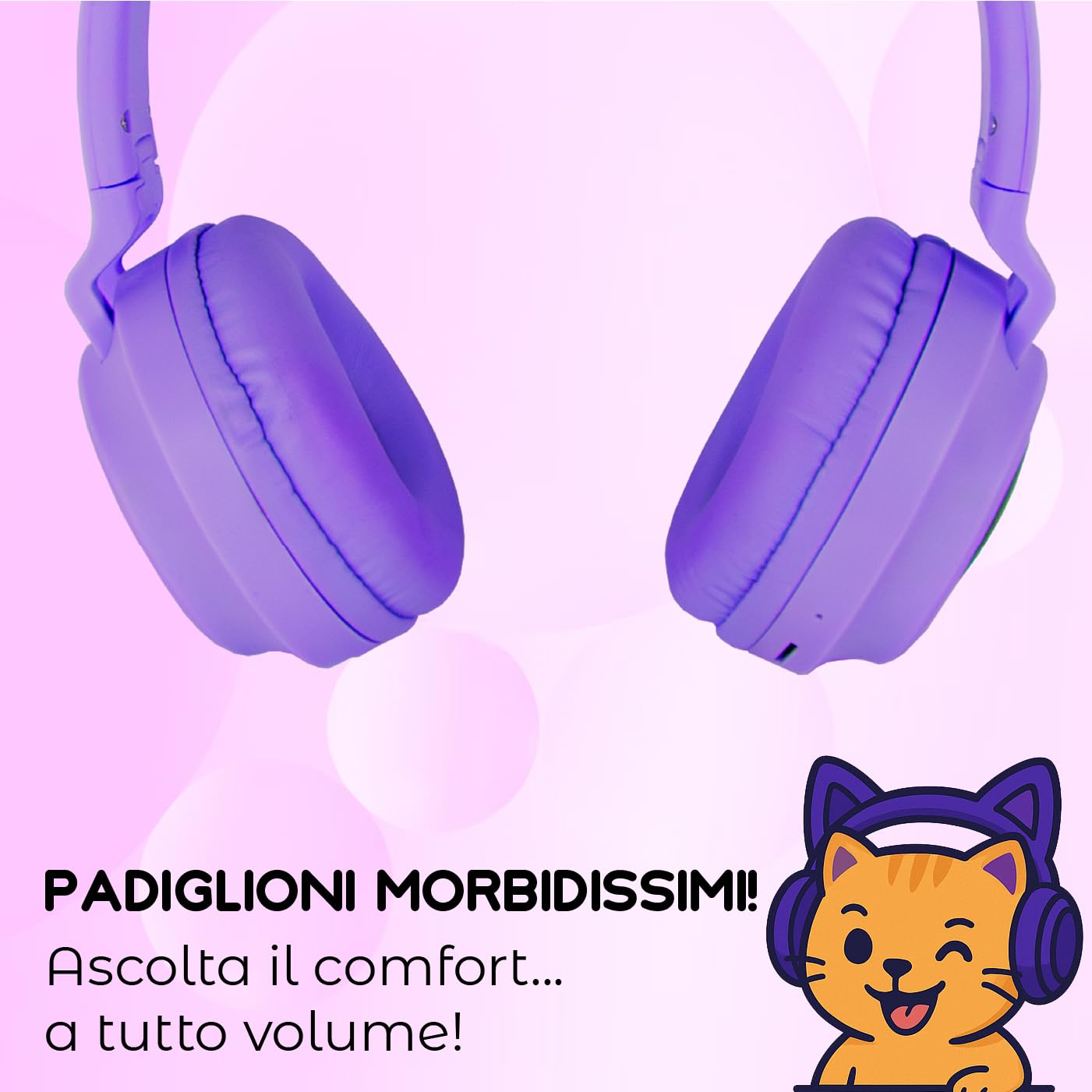TECHMADE - Cuffie Bluetooth con Orecchie di Gatto | LED Luminosi | Microfono Integrato per IOS/Android/PC | Modalità Radio FM | Compatibili con SD Card e Cavo Jack | Colore Viola
