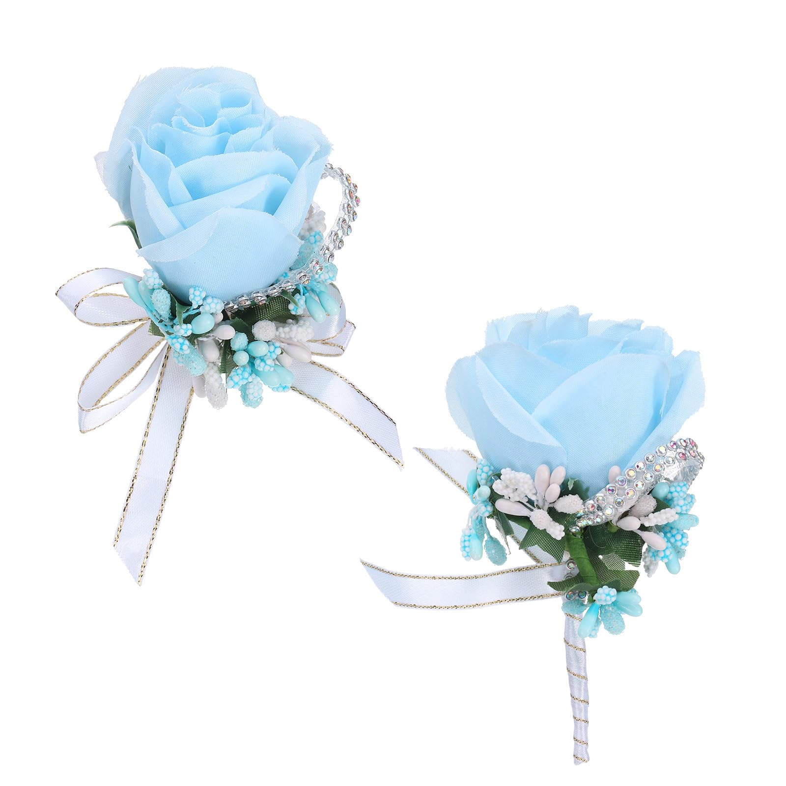 Boutonnière et corsage bleu lac pour un mariage chic en plein air