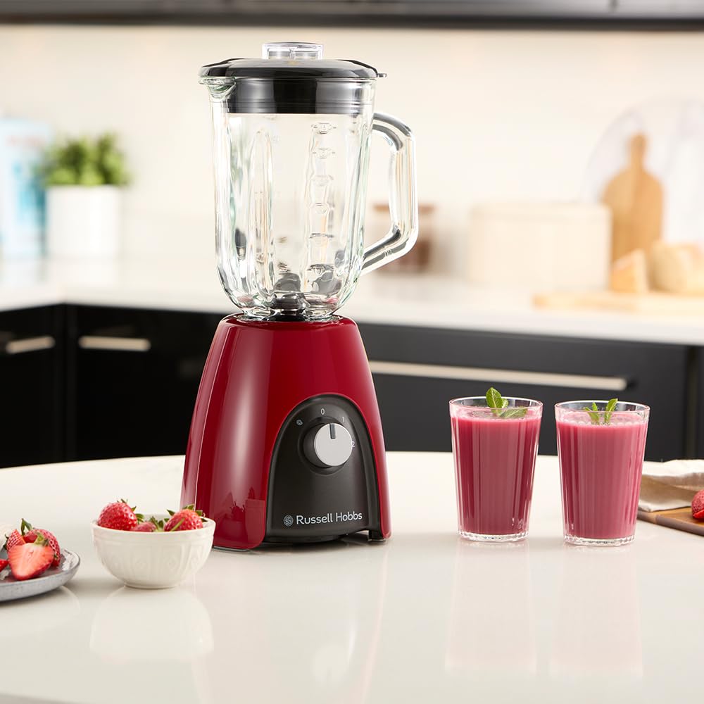 Russell Hobbs Batidora de Vaso para batidos, zumos y papillas, vaso de cristal de 1,5 l, 2 velocidades con función Pulse, cuchillas de acero inoxidable, sin BPA, 850 W max, Desire 27121-56
