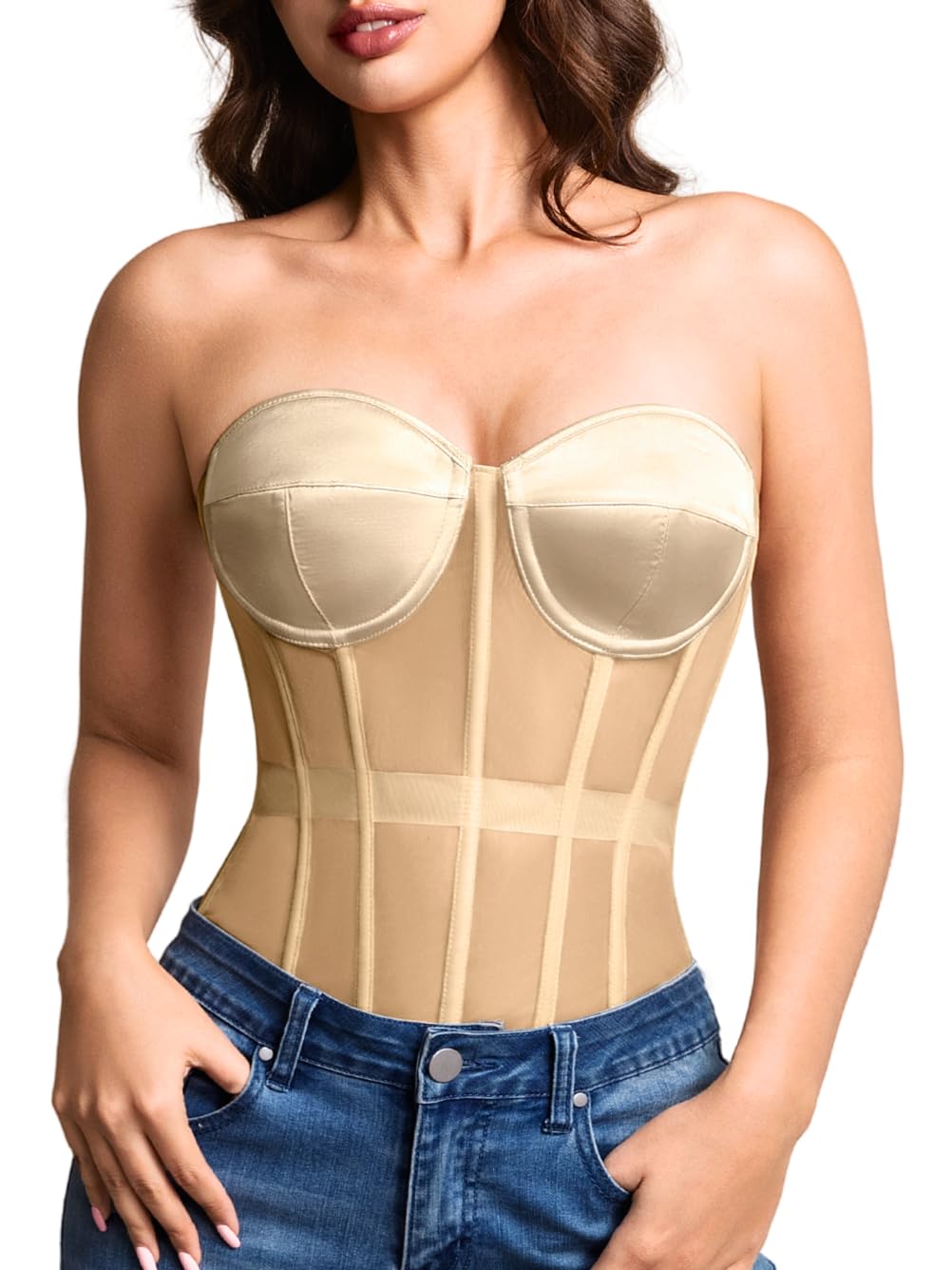 Kaei&amp;Shi Women's Strapless Mesh Corset Top, Padded Lace-Up Bustier