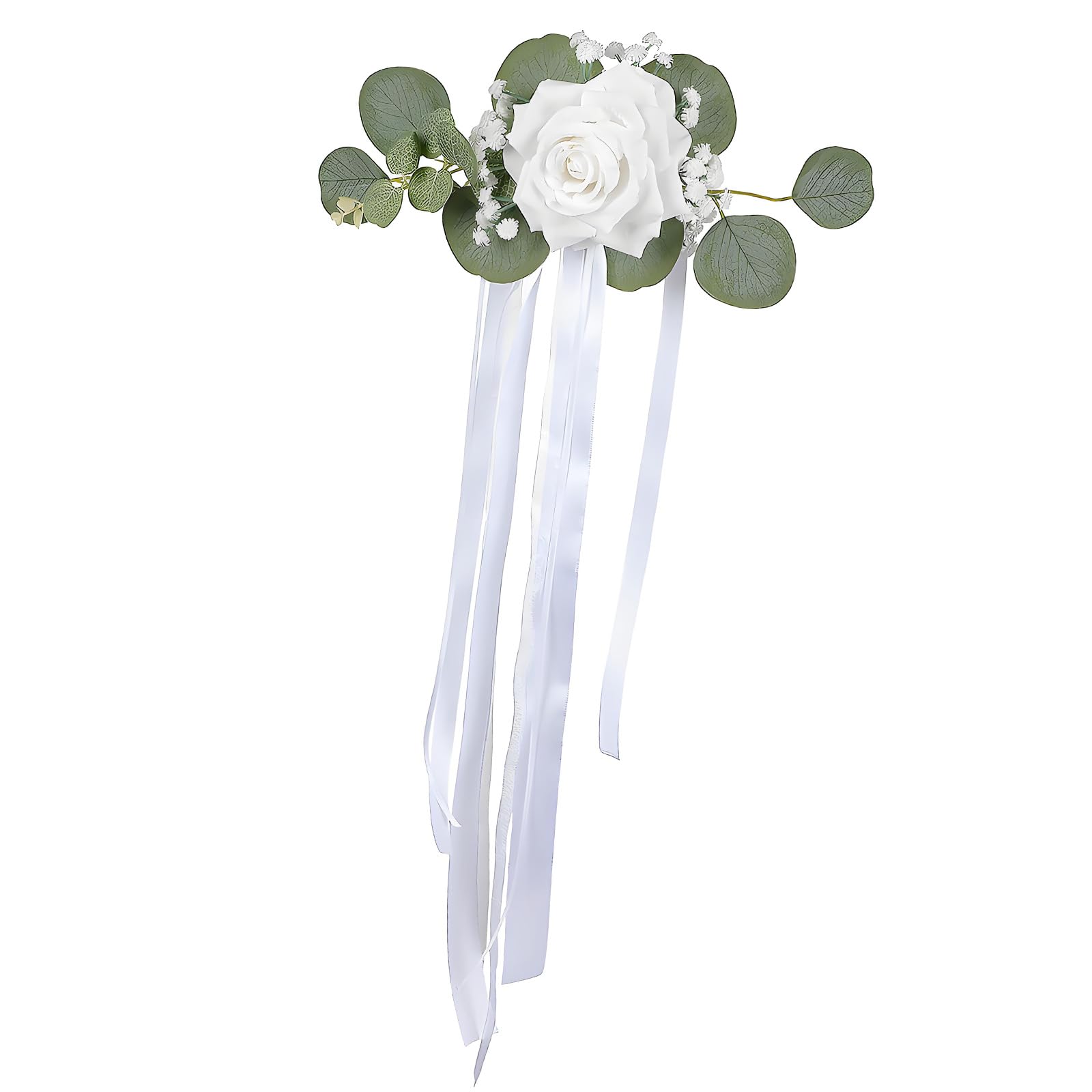 Rose Aisle Chair Decoration, Artificial Flower Accent with Greenery and Ribbon Tails for Wedding Vehicle Decor Artificial Rose Chair Decor Wedding Flowers Vehicle Floral Accent White Faux Flower Aisle