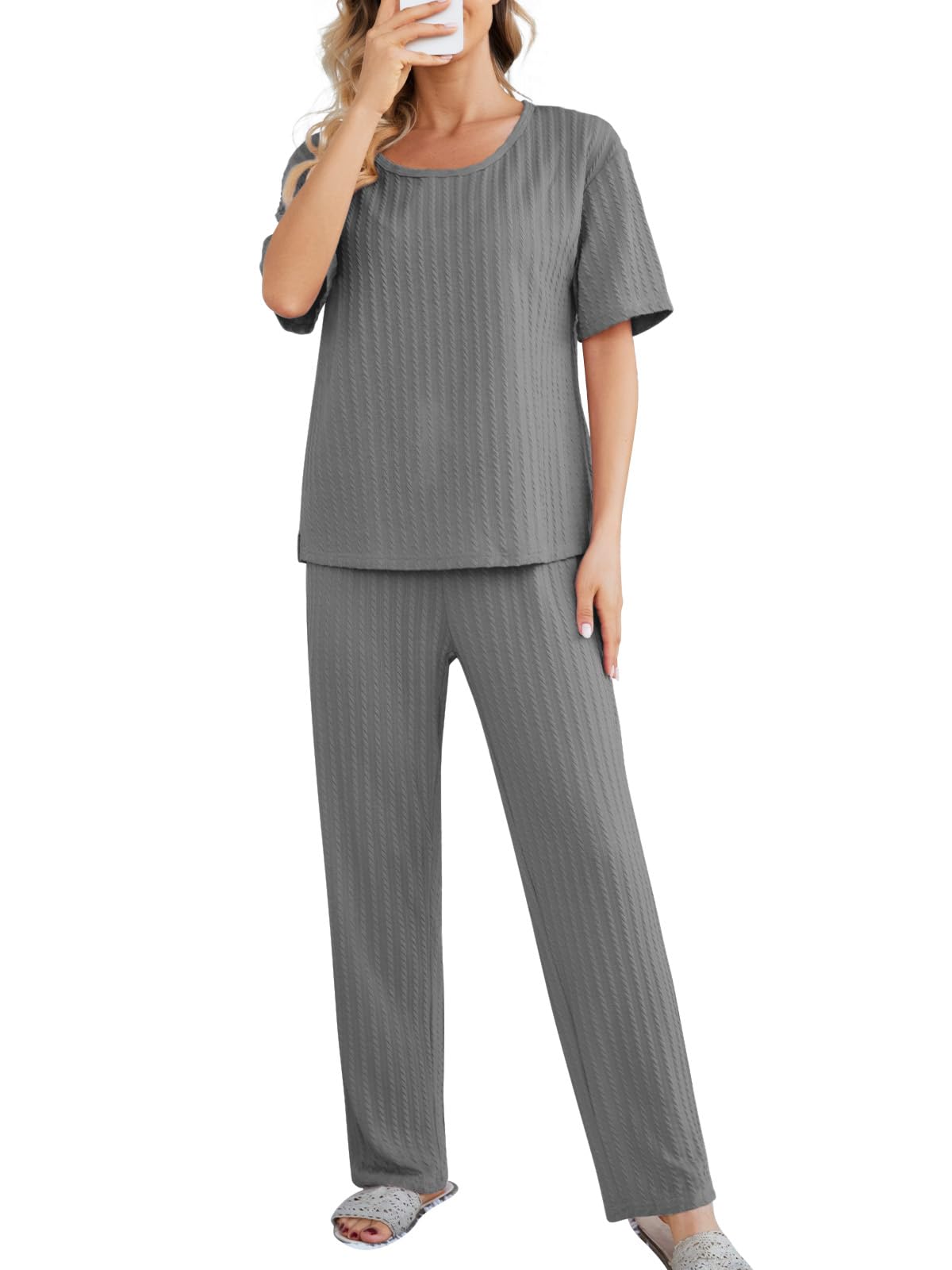 POKWAI Womens Pajama Sets Soft Short Sleeve Tops with Comfy Loose Long Pants 2 Piece Pj Set Ladies Pajamas Sleepwear