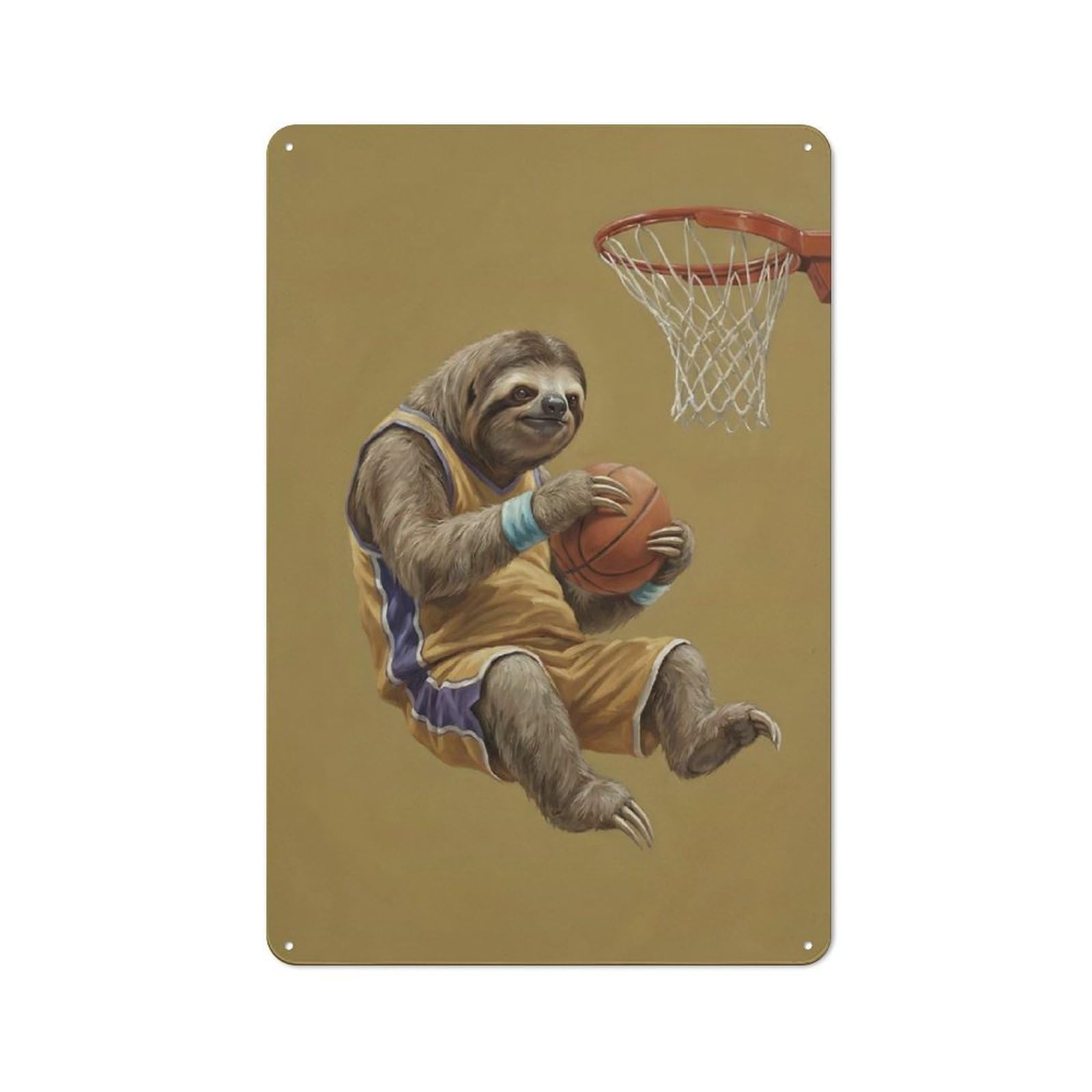 Industrial Metal Sign with Sloth Dunking Basketball Design 30x20cm, Modern Retro Loft Wall Plaque for Workspace, Cafe, Hallway Or Garage
