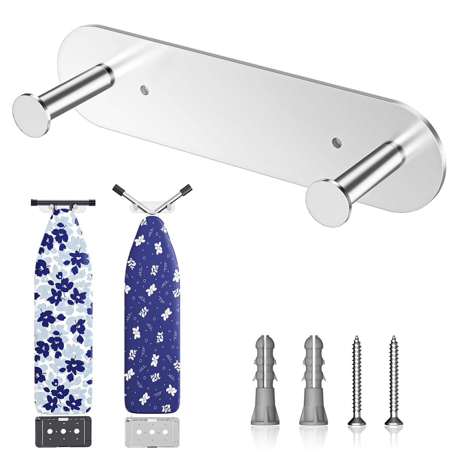 Ironing Board Holder Wall Mount,Ironing Board Hanger with Removable Hooks, Laundry Rooms Stainless Steel Ironing Board Hook for Wall for Y or T Leg