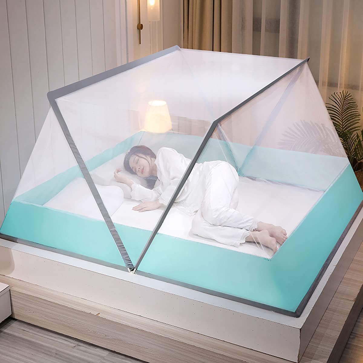 Moustiquaire de voyage pliante OKUOKA verte pour lit de dimensions 135x190x80cm