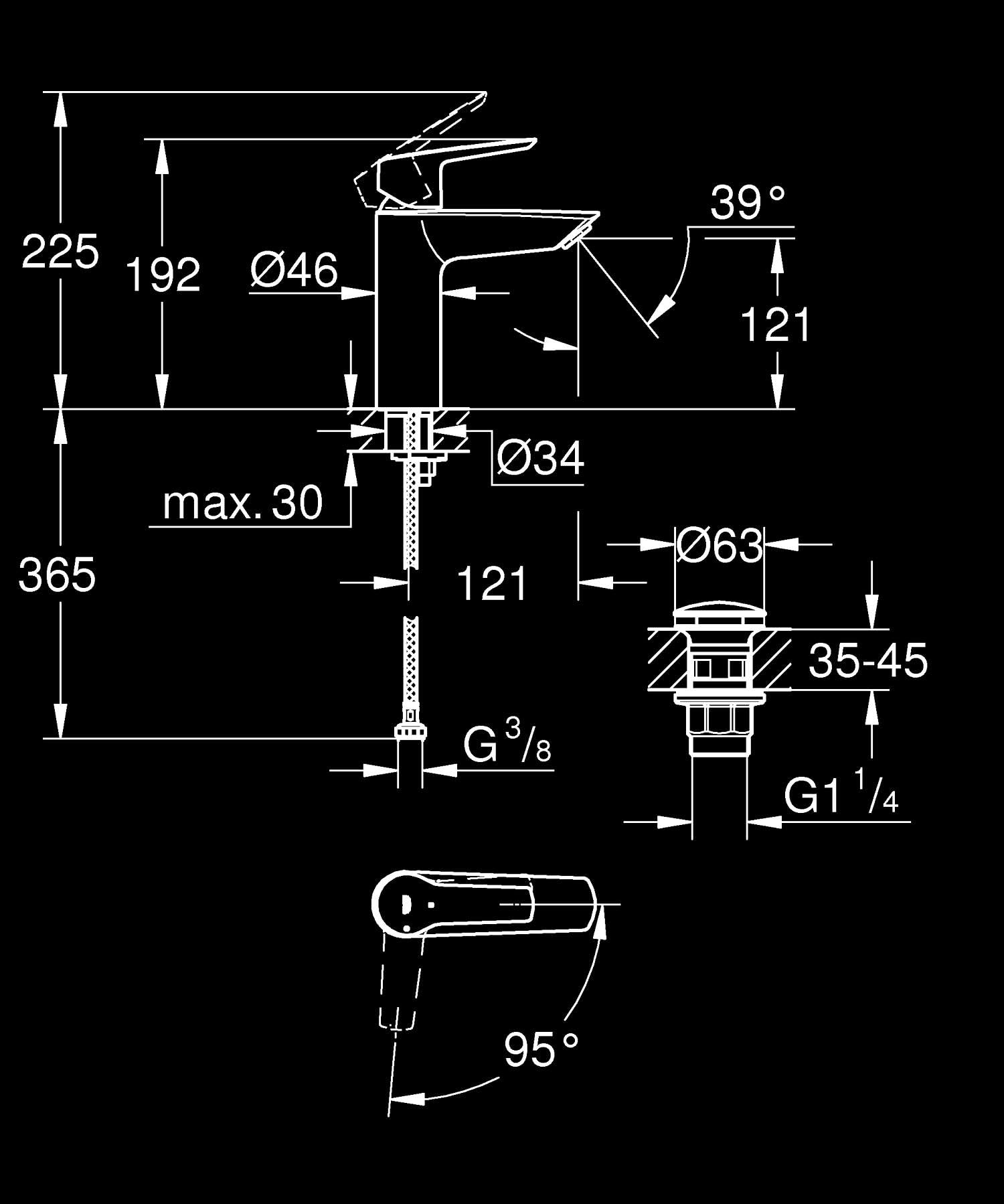 GROHE Start, rubinetto per lavabo a risparmio energetico, acqua fredda in posizione centrale (rubinetto per lavabo in bagno, altezza 19 cm, con scarico pop-up, con pratico strumento 3 in 1), nero