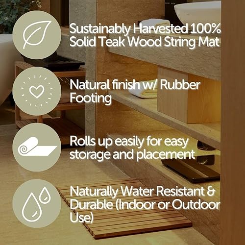 Miniatura 7 de Nordic Style Teak Alfombra de ducha y baño, uso en interiores y exteriores, plataforma de madera antideslizante para sauna, piscina, decoración de