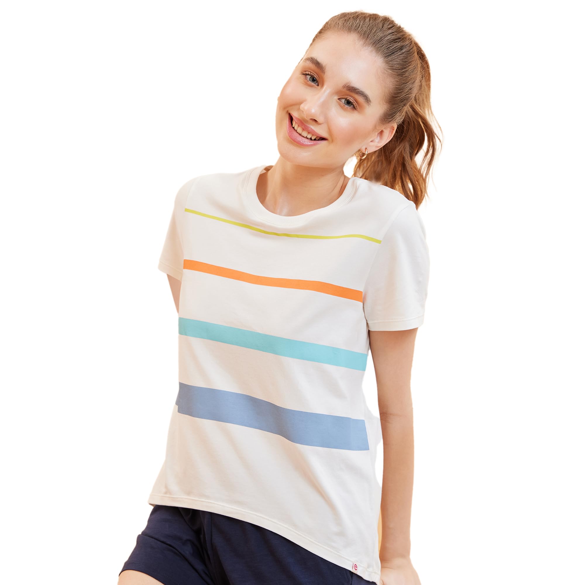 enamor Short Sleeve Crew Neck Regular Length High Low Striped T-Shirt for Women- Relaxed Fit, Soft and Breathable Stretch Cotton - E3S5-picture-38
