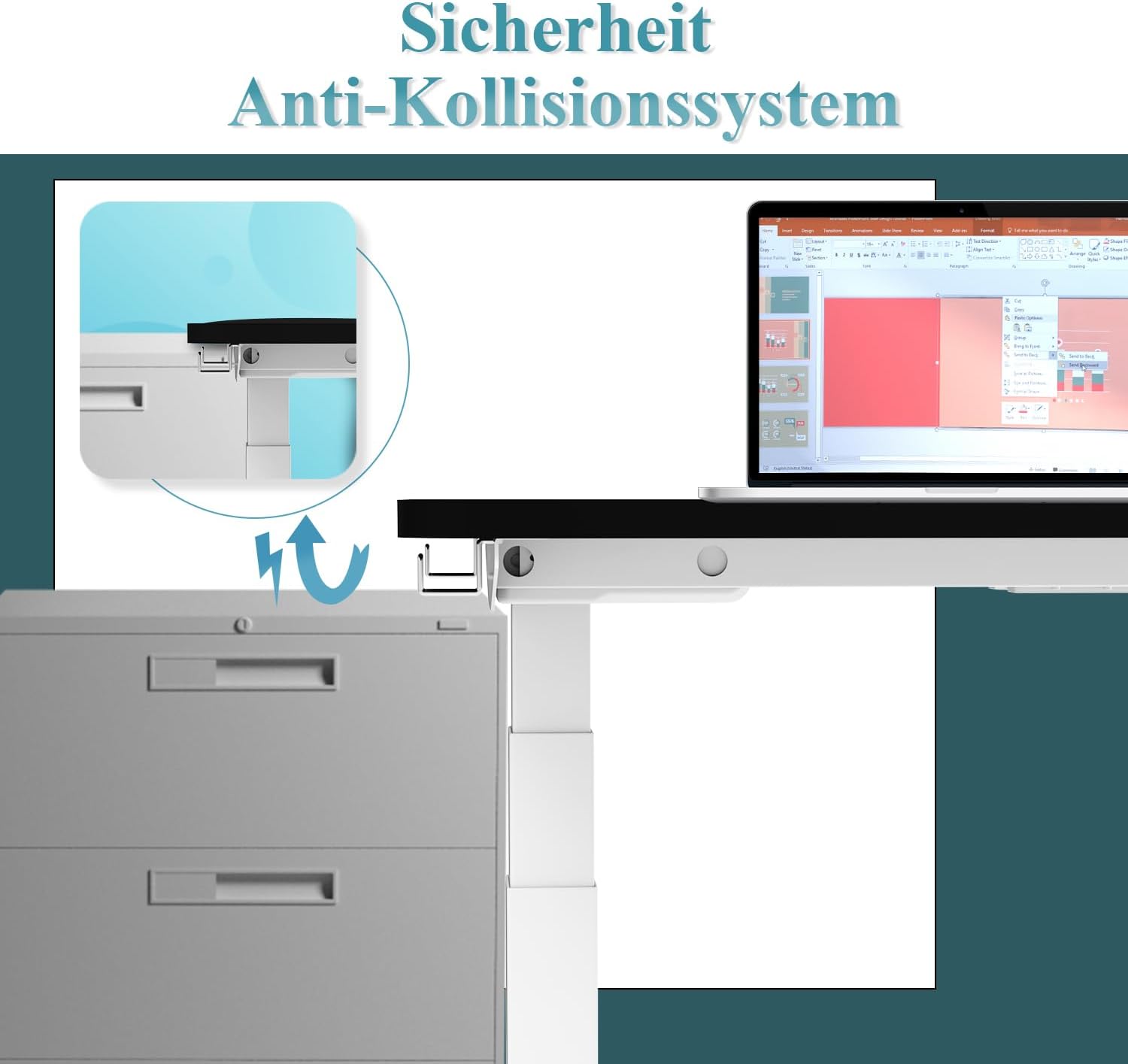 Diagram showing the anti-collision system of the Homall G-22 PRO desk frame, where the desk stops and reverses upon detecting an obstacle.