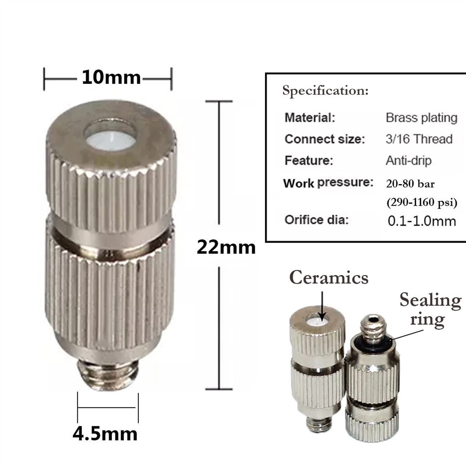 Boquillas de nebulización para patios, Boquilla de microniebla alta presión latón, 24 Uds., 0,1-1,0mm, conector rápido 3/8 pulgadas, rosca 3/16