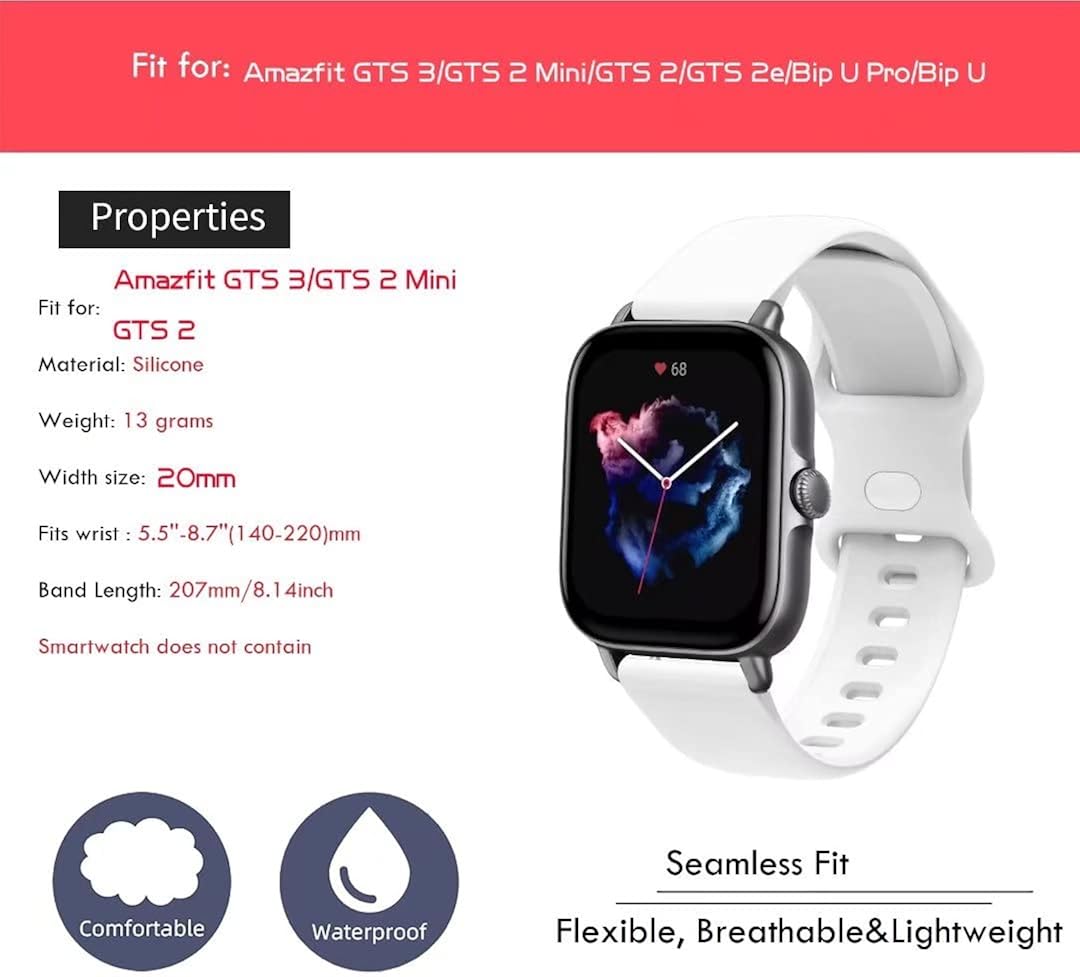 iPartsonline Sport Band Compatible for Amazfit GTS 2 mini/GTS 3/GTS 2e/Bip U Pro 20mm Smartwatch Wristband, Soft Silicone Replacement Strap for Venu 2 Plus/Vivoactive 3, White : Cell Phones & Accessories
