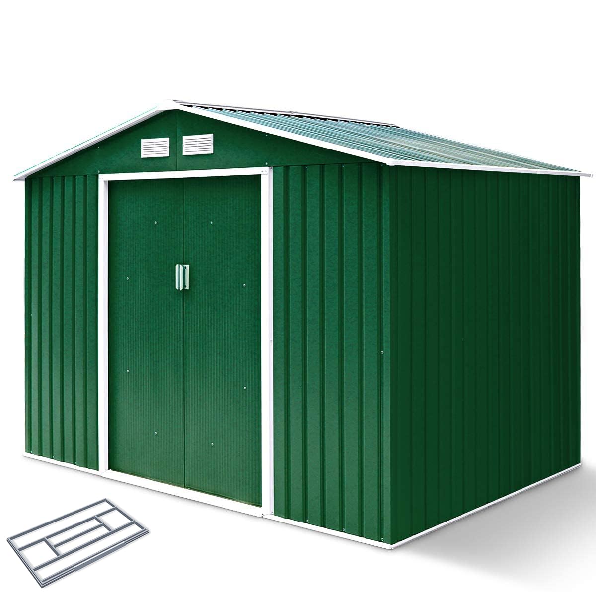 RELAX4LIFE Casetta da Giardino per Attrezzi, 213 x 127 x 185 cmin Lamiera d'Acciaio e e Lamiera Zincata con Doppie Porte Scorrevoli, Tetto Inclinato, per Porta Attrezzi, Tosaerba, Verde