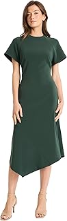 Womens Elegant Midi Dress with Asymmetrical Hemline - Short Sleeve Fitted Bodice - Versatile Cocktail Dress