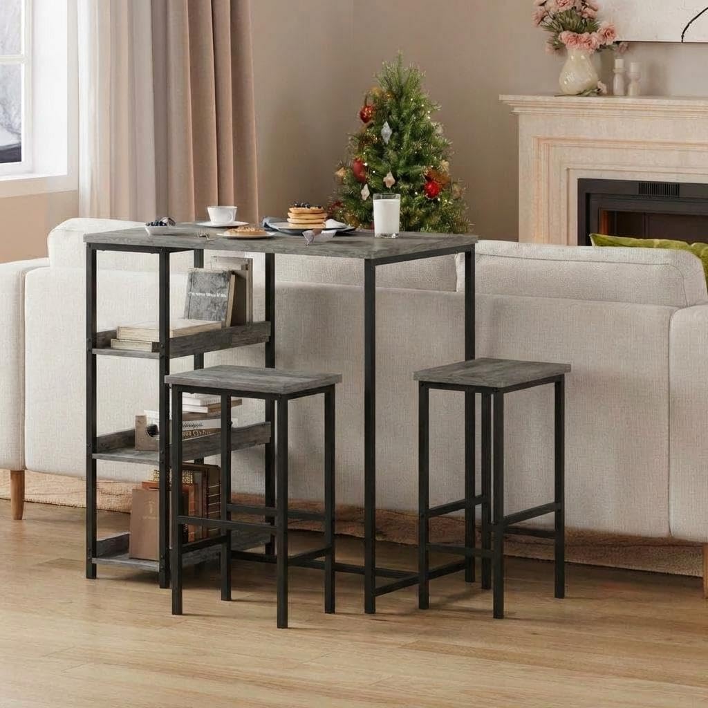 Dining Table Set for 3, 36" Kitchen Table and 2 Stools, Dining Table with Metal Frame & Storage Shelves, 3-Piece Modern Functional Desk Set for Dinette, Small Space, Apartment, Restaurant, Grey