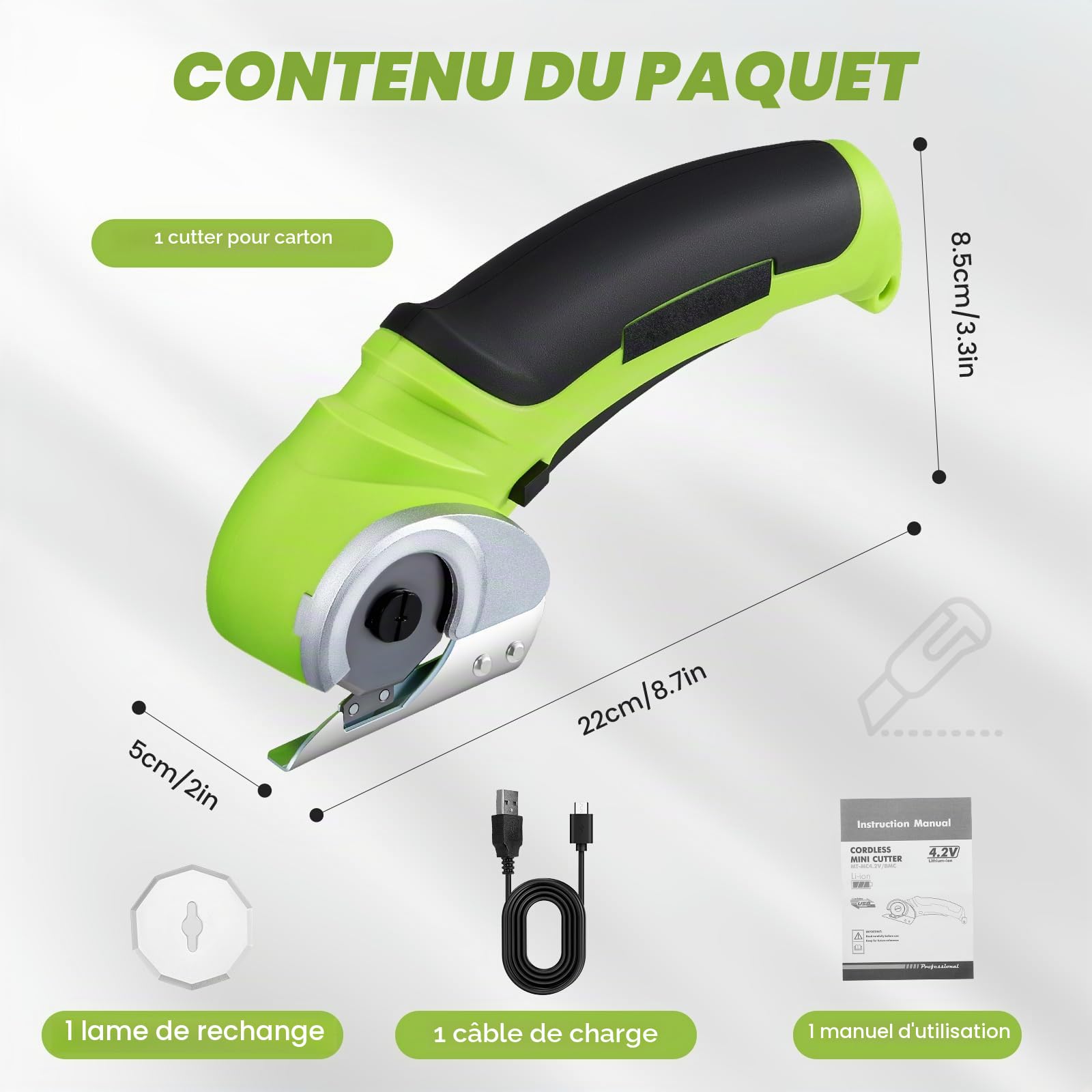 Ciseaux électriques sans fil 4,2 V Mini coupe-tapis et carton avec lame de rechange/chargeur, cutter rotatif pour emballage en carton, cuir et plastique (vert)
