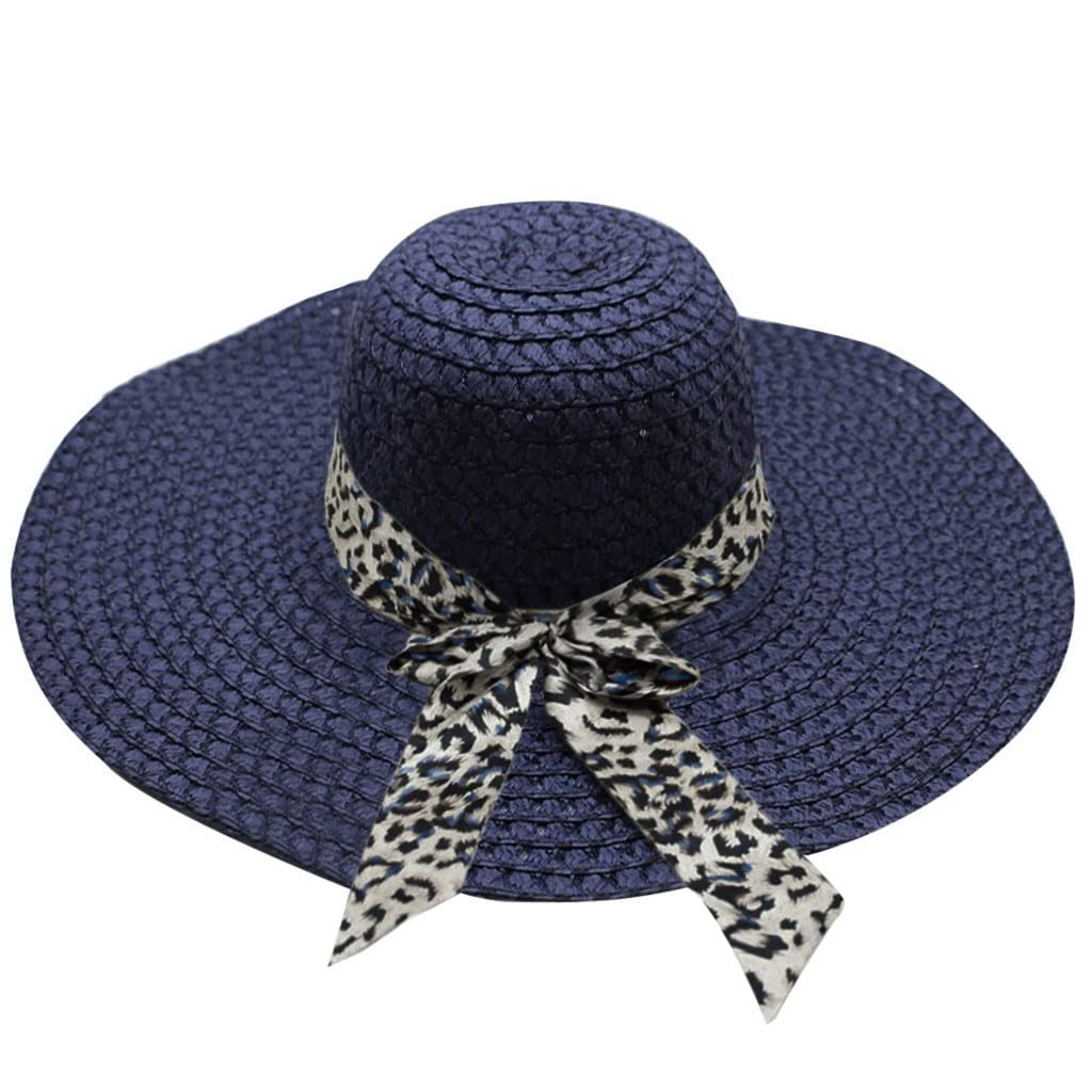 ASESHYPD Sun Hats Women Sun Hat Big Brim Straw Hat Sun Floppy Wide Brim Hats Leopard Ribbon Summer Beach Cap Sombrero (Color : Navy)