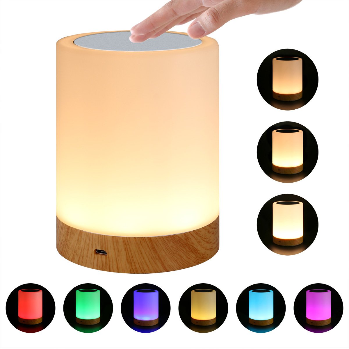 Biliyer Touch Night Lights, Bedside Table Lamp with 6 RGB Color Changing Mode& 3 Warm White Dimmable Light, Rechargeable LED Kids/Baby Night Lamp for Bedroom with Type-C Charging Cable, Hang Ring