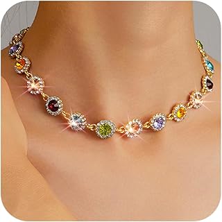 カラフルな宝石ネックレス 女性用 キラキララインストーンチョーカー マルチカラー レインボーネックレス ウェディングパーティー プロム チョーカー ジュエリーアクセサリー 女性用