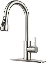FORIOUS Kitchen Faucets with Pull Down Sprayer, Brushed Nickel High Arc Single Handle Stainless Steel Sink Faucet with Deck Plate for 1 or 3 Hole, Suitable for Farmhouse RV Bar Camper Laundry