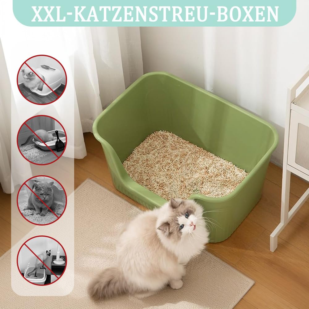 Katzenklo Groß 64x45x33cm, Katzenklo Hoher Rand Ohne Deckel, Katzentoiletten Offen, Spritzwassergeschützt Groß Katzen Klo, Katzentoilette XXL für Große Katzen, Kätzchen, Kaninchen