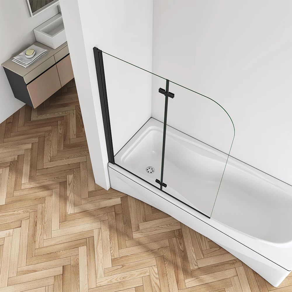 Mampara de Bañera Abatible 2 Hojas Cristal Antical 6mm Plegable Perfil Negro Mate Tamaño:(880-900) x1400mm