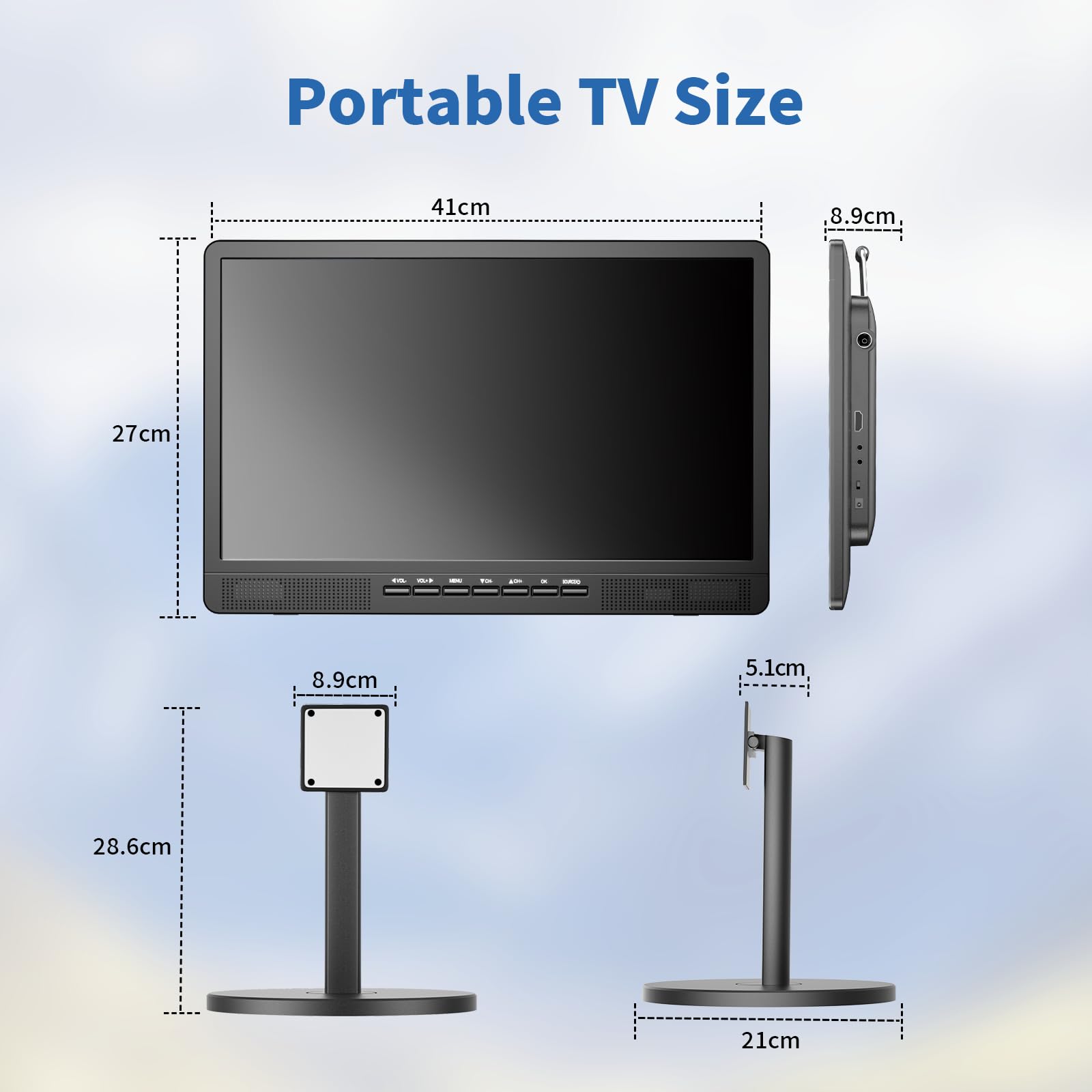 Desobry TV portátil de 18″ con Antena, Mini TV LCD con sintonizador DVB/T2 | 12V televisiónV Recargable 6000mAh con Soporte Redondo para Camping al Aire Libre, Dormitorio, Cocina