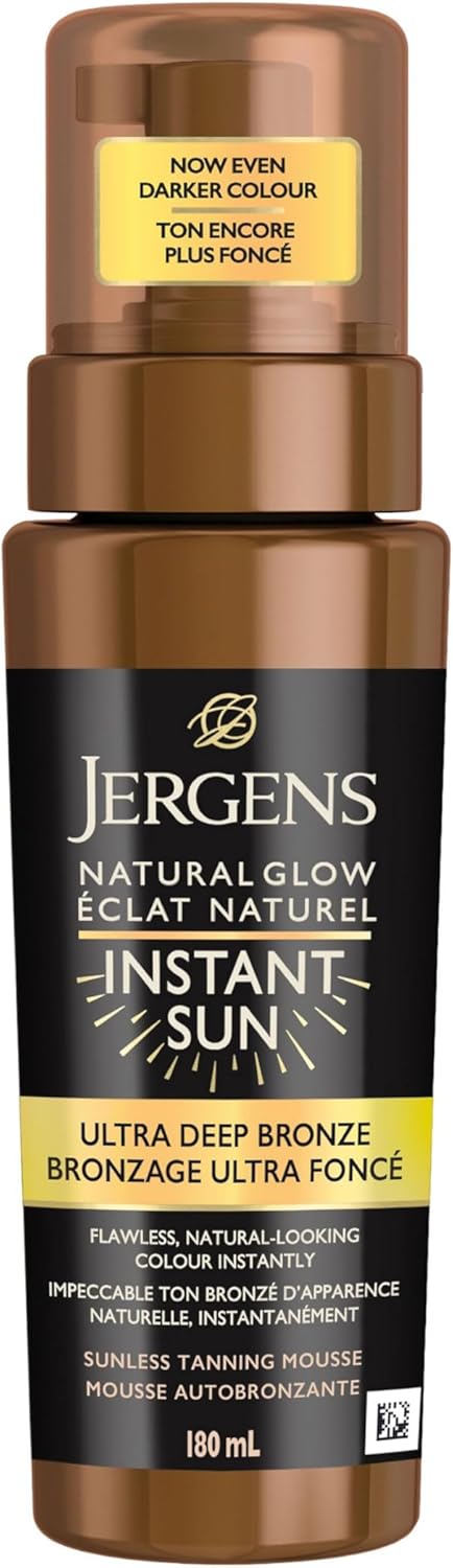 Jergens Natural Glow Instant Sun Sunless Self Tanning Mousse for Dry Skin, Ultra Deep Bronze Shade (180 mL)
