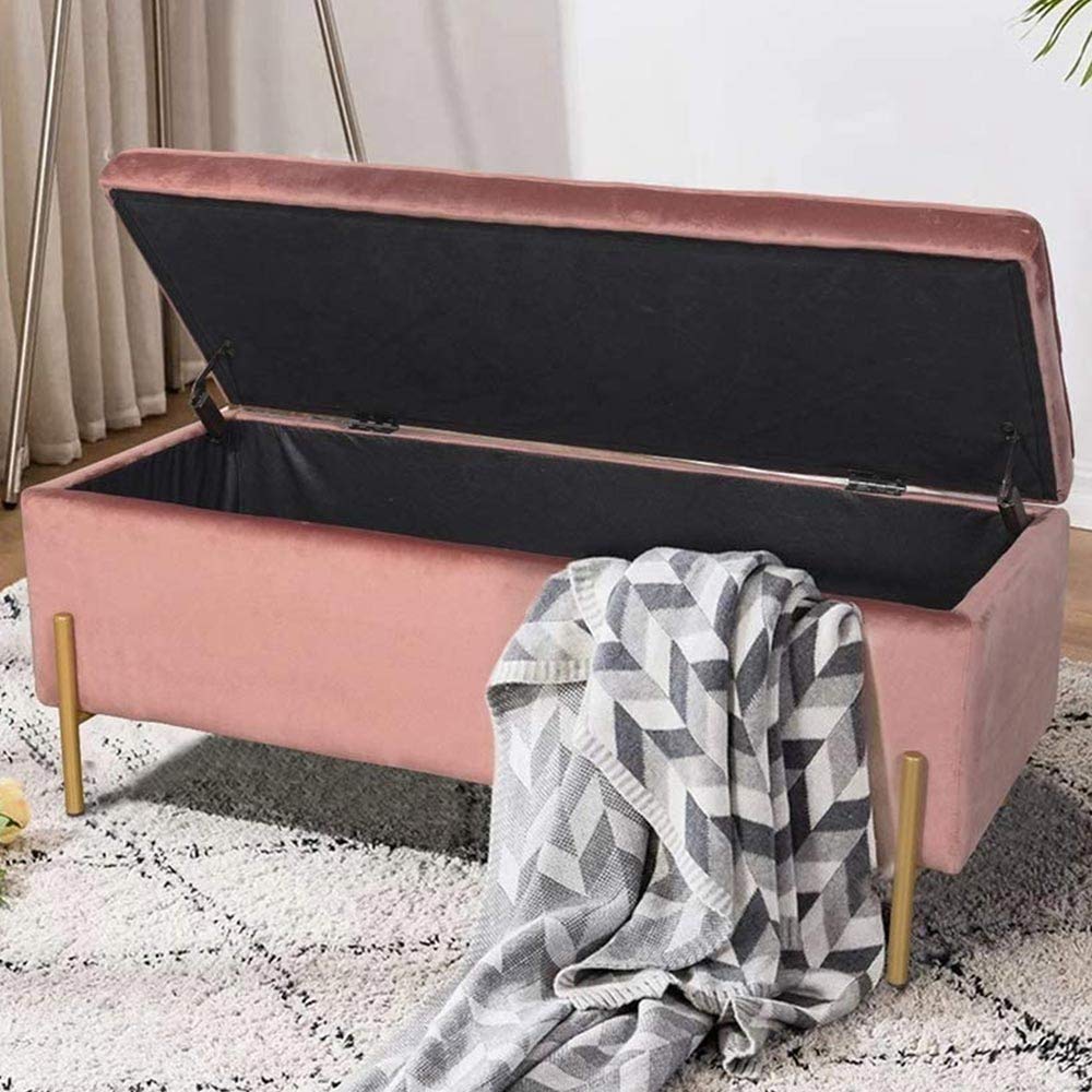BAKAJI Baúl de Tela de Terciopelo Rosa para Guardar los pies, para Banco, Taburete o reposapiés, Madera, Media