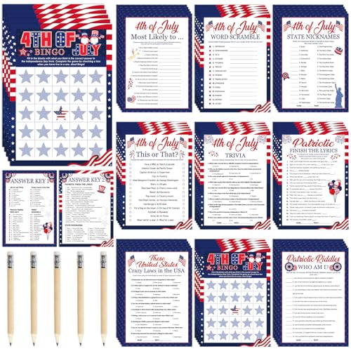 97 Pcs 4th of July Trivia Game Cards 9 Games American Patriotic Party Activities Independence Day Bingo Game for Adults Red White Blue Question and Answer Card with Pencil for Family Group Holiday