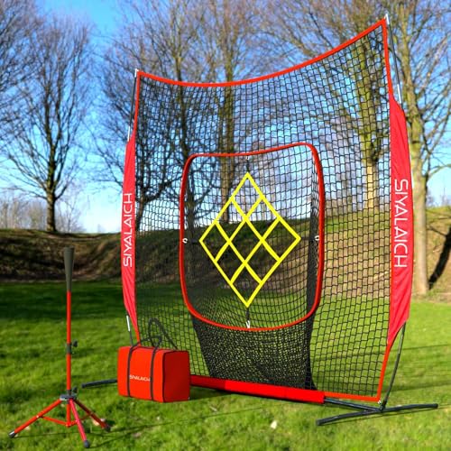SIYALAICH Portable Baseball net &Softball net 7 ftx7 ft,Baseball Net with Tee,for All Skill Levels, Pitching Net, Hitting Net,Pitching Net with Strike Zone,with Bowed Netting, Hitting Area!