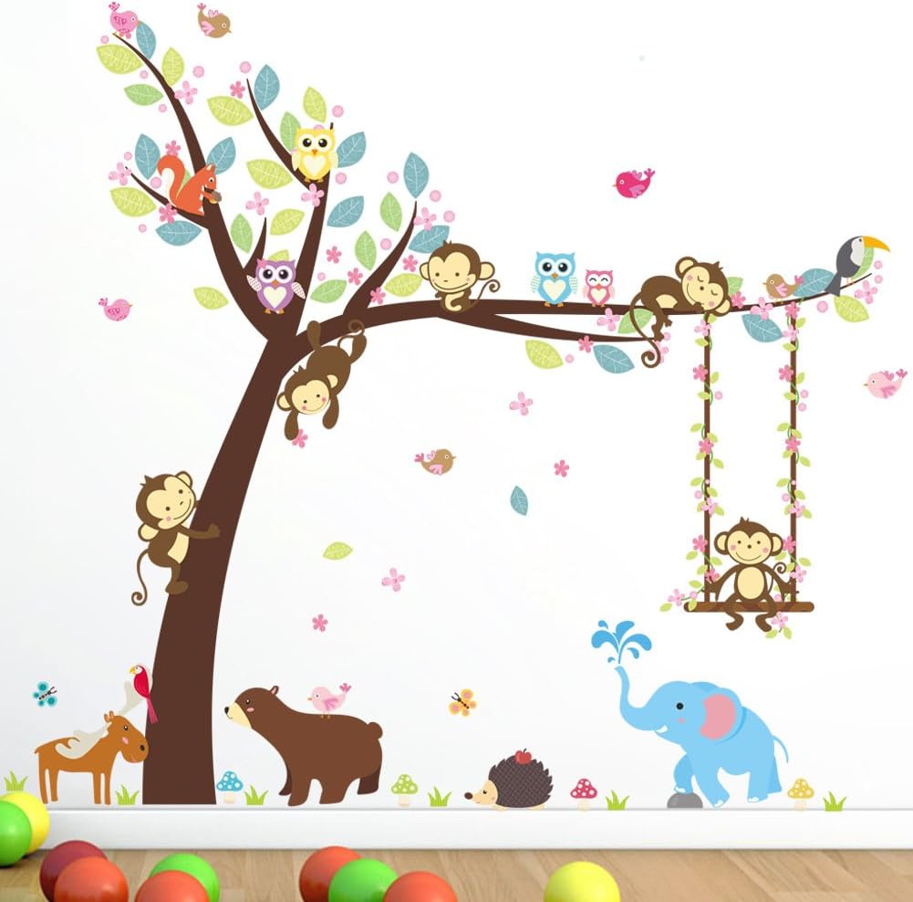 Cartoon Monkey Owls Tree Jungle Animal Theme Wall Art Decal Sticker Mural Decoration for Living Room Nursery Baby Girl Boy Kids Children's Room Bedroom Decor (B)