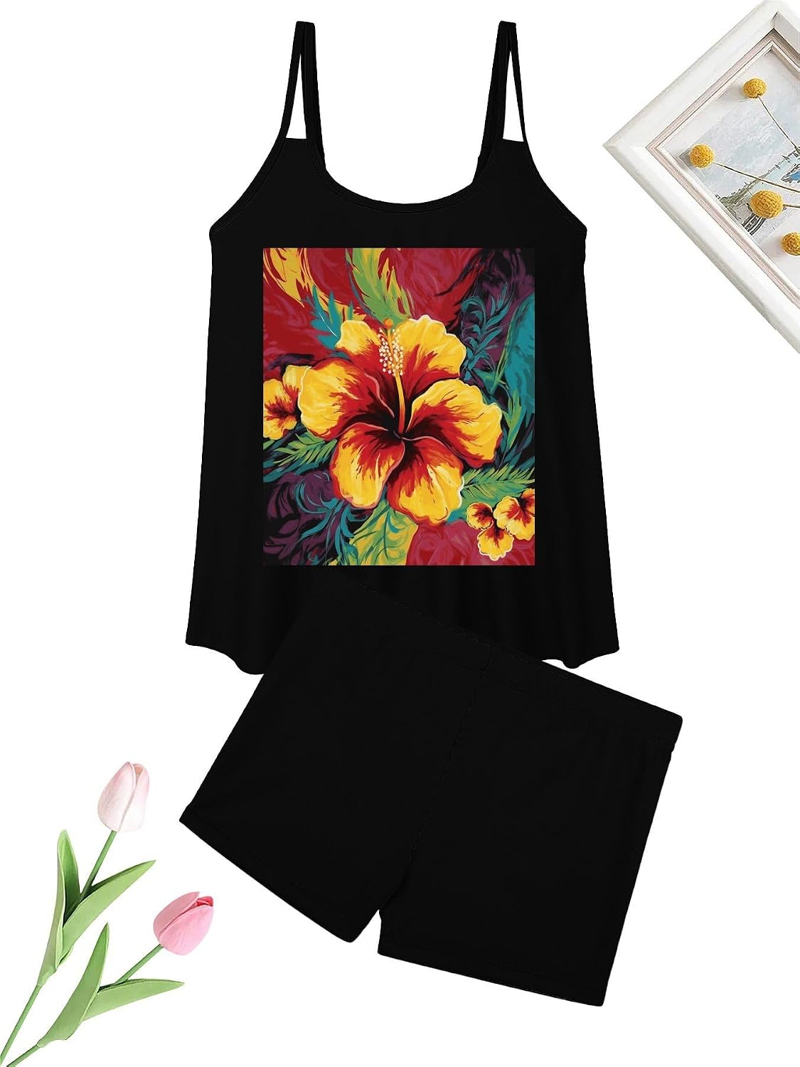 Colorful Hibiscus Tankini Swimsuits for Women Tummy Control Two Piece Bathing Suits Swim Tops with Boy Shorts